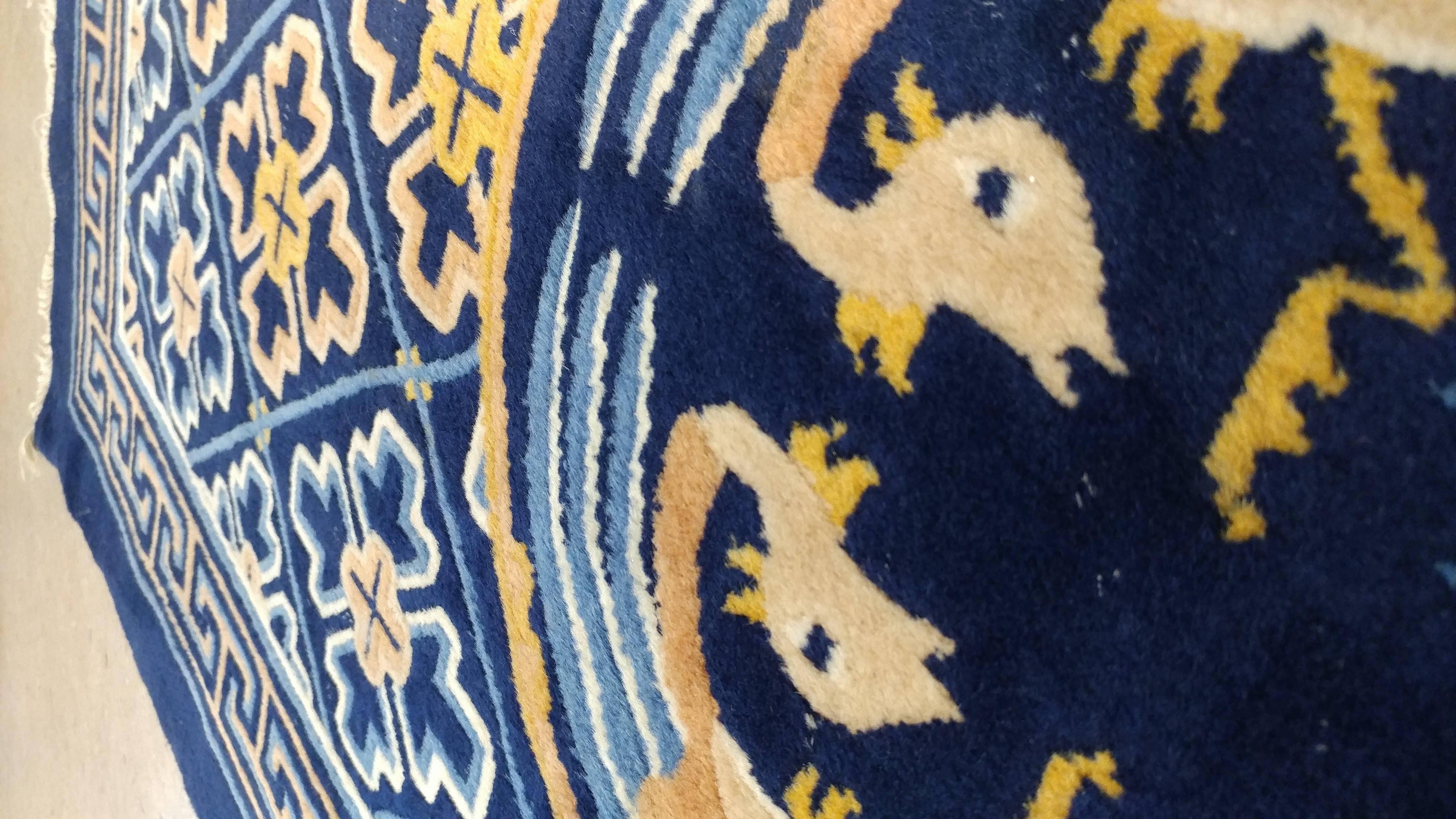 Vintage Chinese Runner, Handmade, Oriental Rug, Blue, Gold, Ivory 1