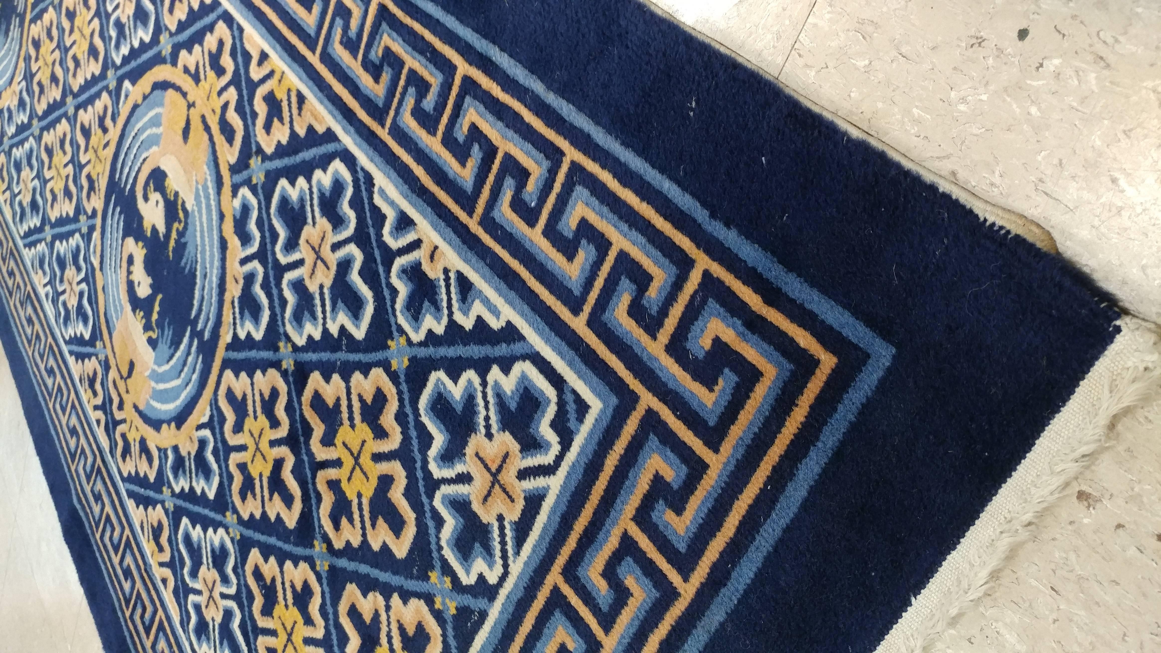Hand-Knotted Vintage Chinese Runner, Handmade, Oriental Rug, Blue, Gold, Ivory