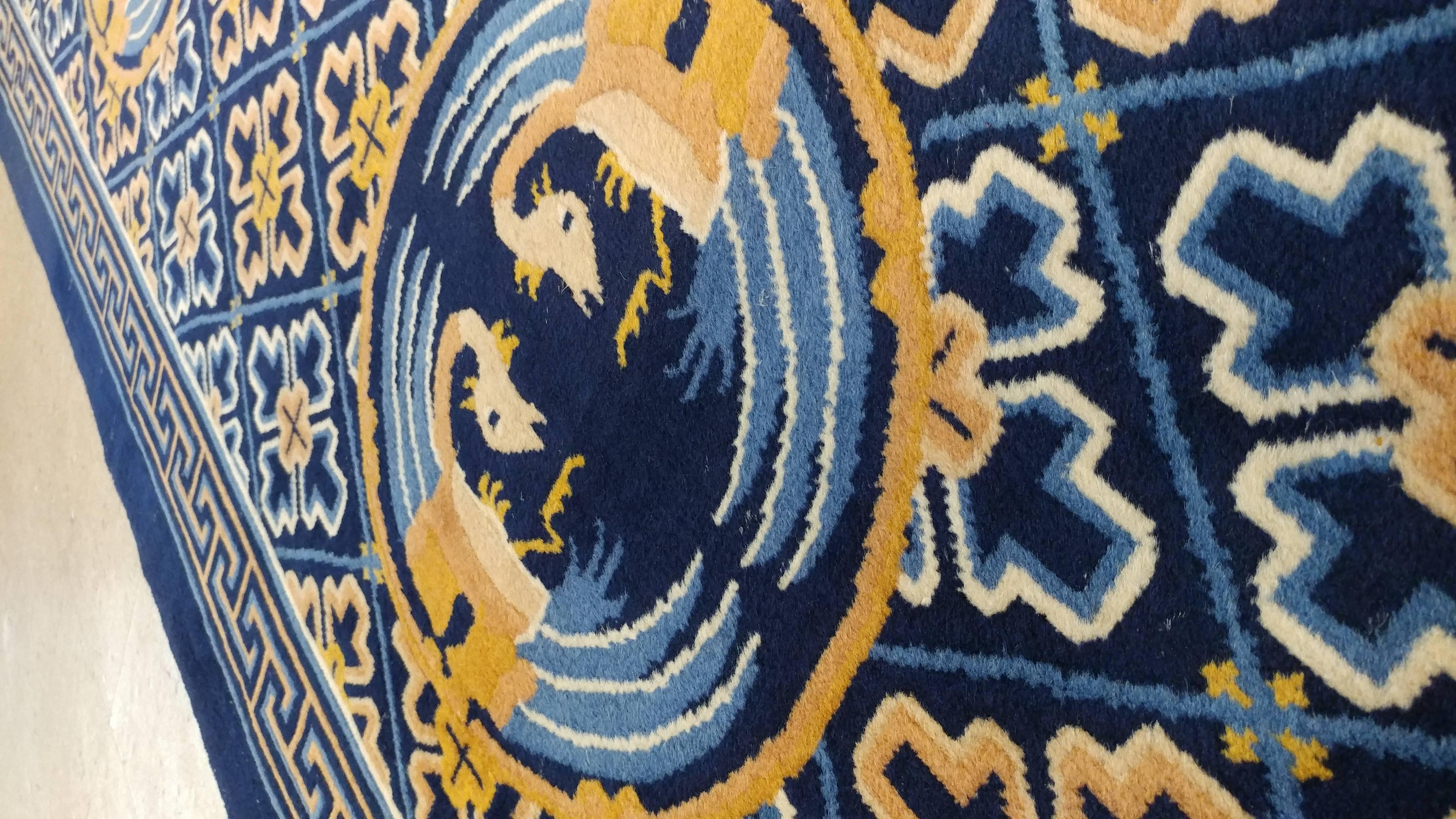 Vintage Chinese Runner, Handmade, Oriental Rug, Blue, Gold, Ivory In Good Condition In Port Washington, NY