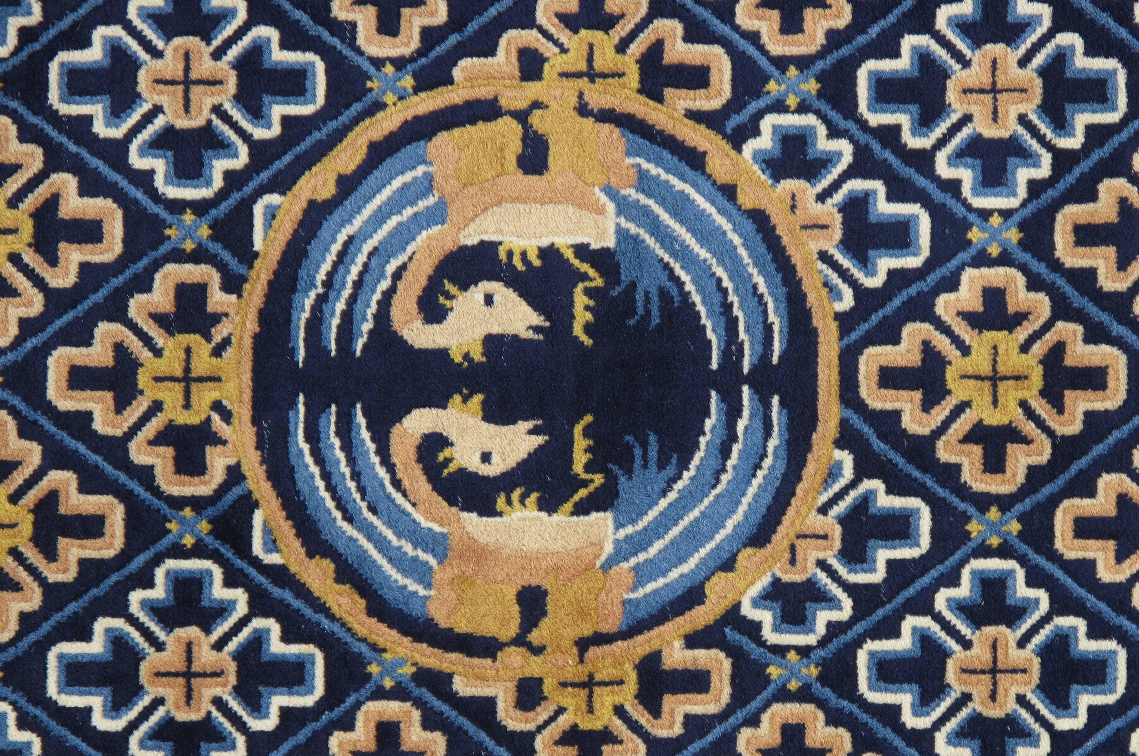 Chinese Export Vintage Chinese Runner, Handmade, Oriental Rug, Blue, Gold, Ivory