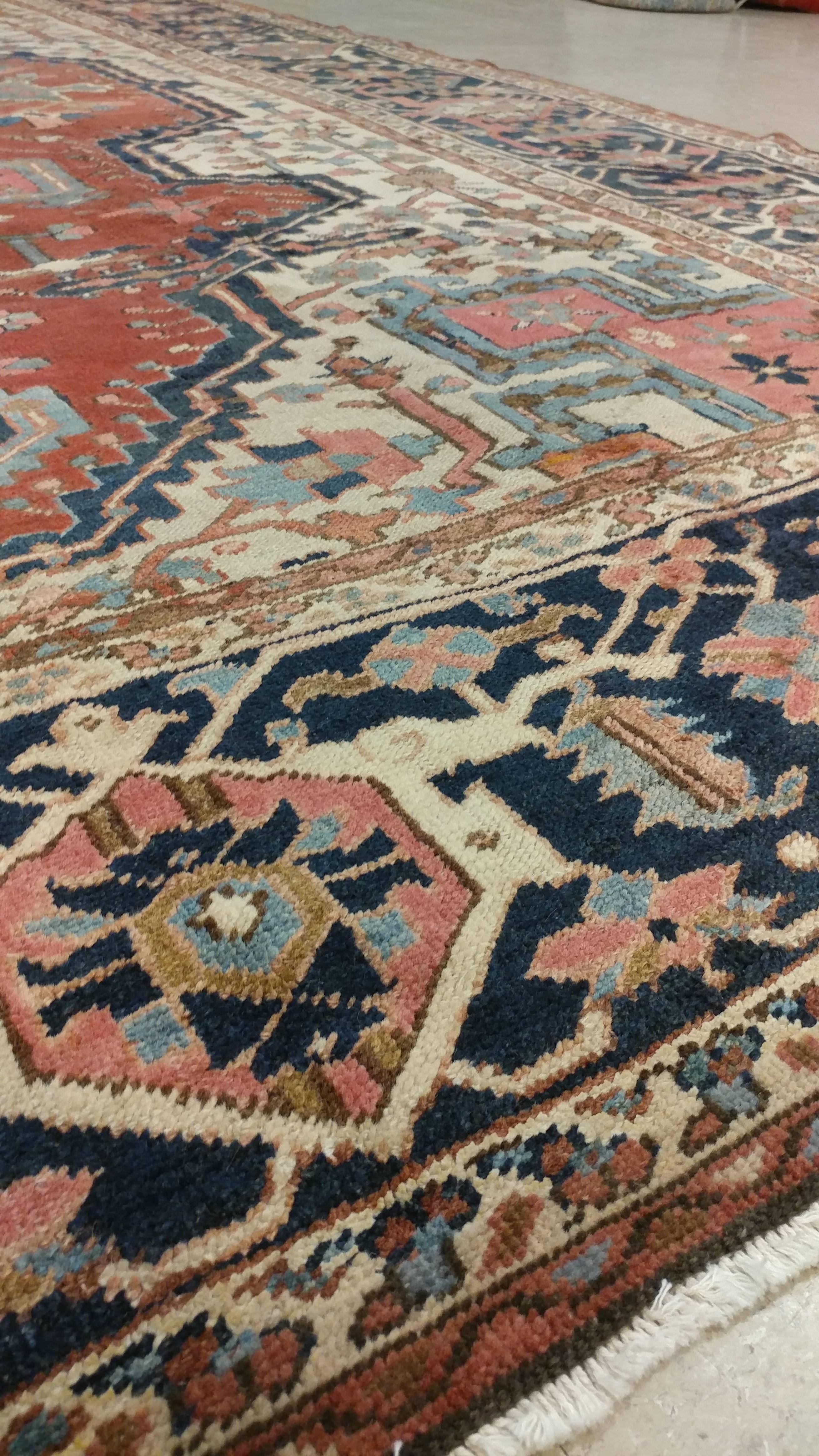 Hand-Knotted Antique Bakhshaish Carpet, Persian Handmade Rug, Rust, Navy, Ivory, Light Blue