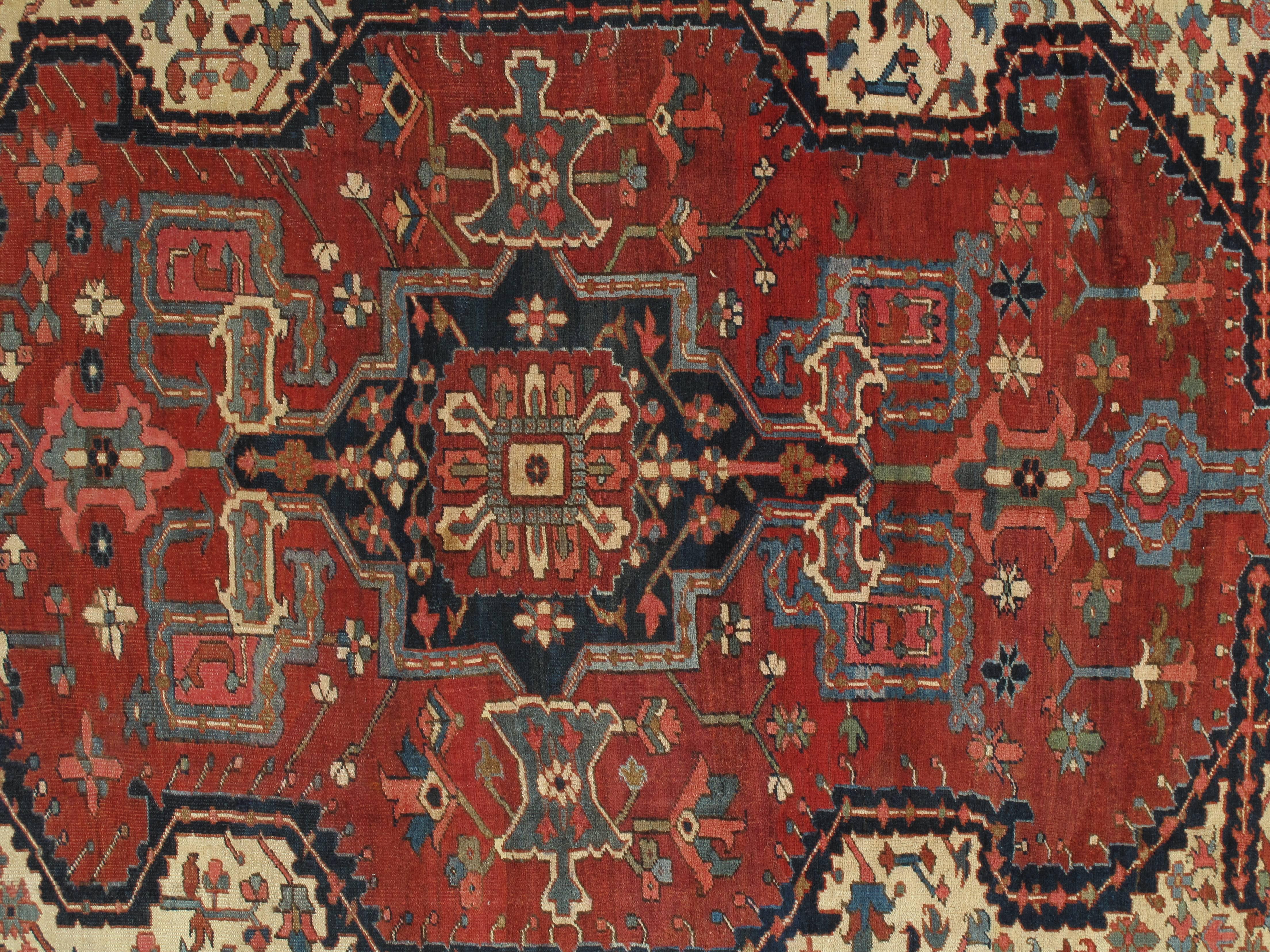 Antique Bakhshaish Carpet, Persian Handmade Rug, Rust, Navy, Ivory, Light Blue 1