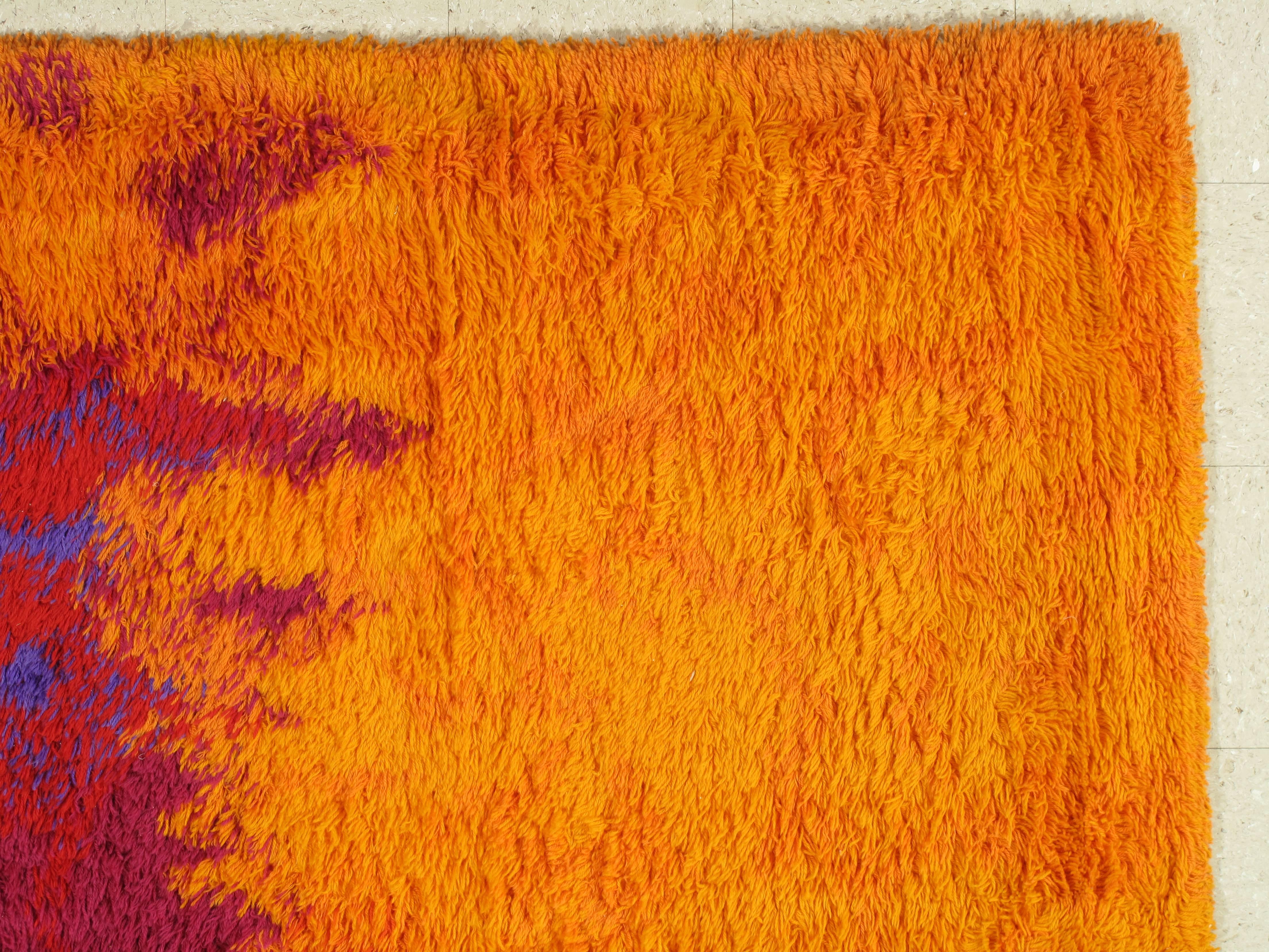1950s, Swedish Rya rug with a colorful, plush wool pile. Measures: 8'3