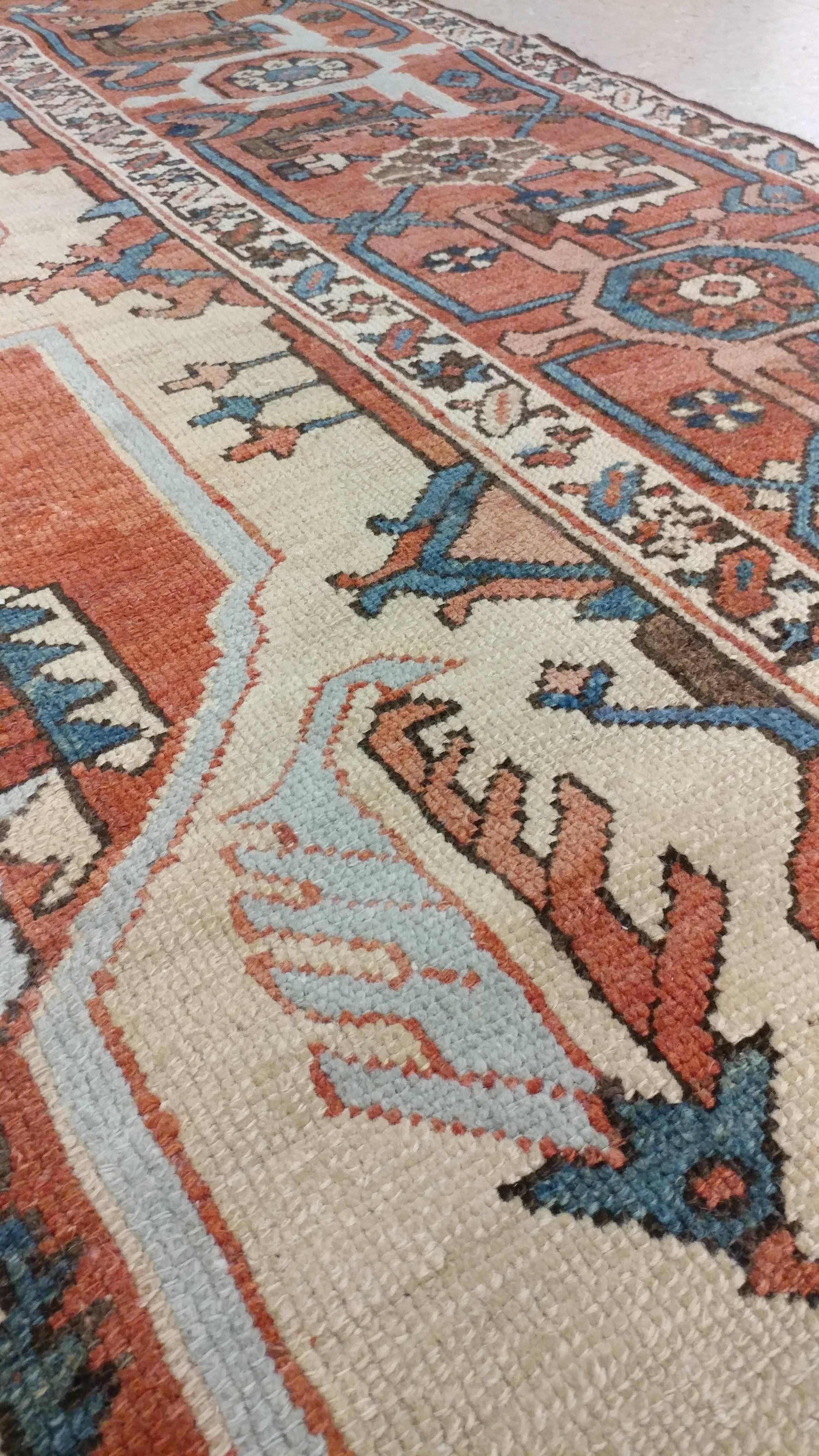 Antique Persian Handmade Wool Oriental Serapi Carpet, Rust, Gold, Light Blue 2
