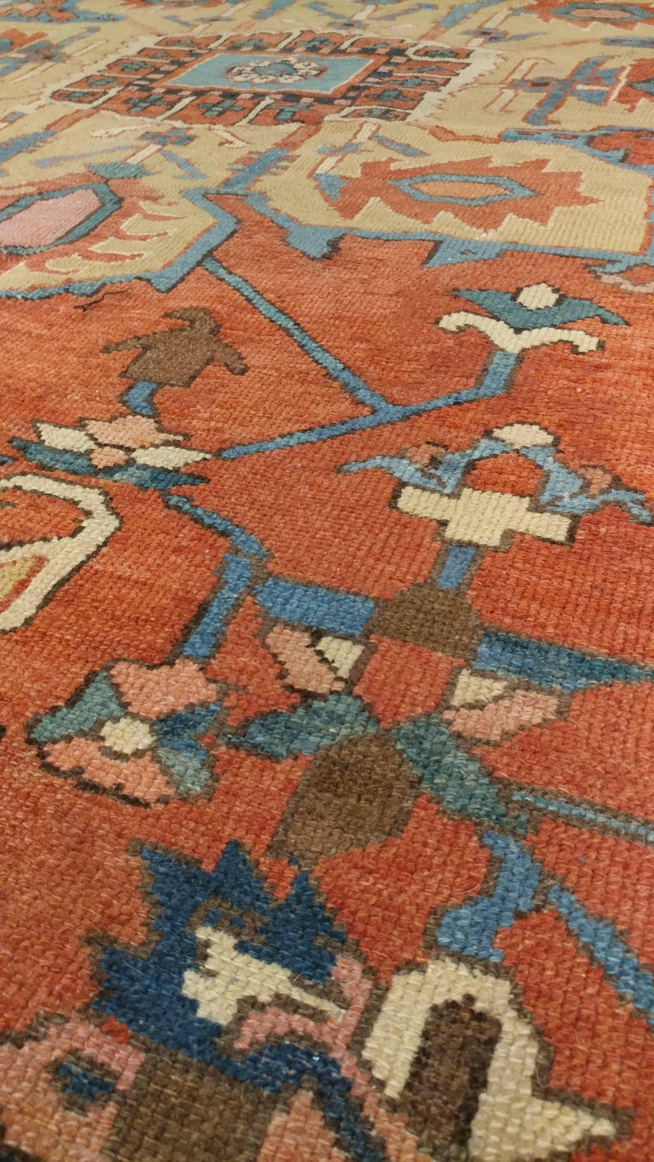 Antique Persian Handmade Wool Oriental Serapi Carpet, Rust, Gold, Light Blue 1