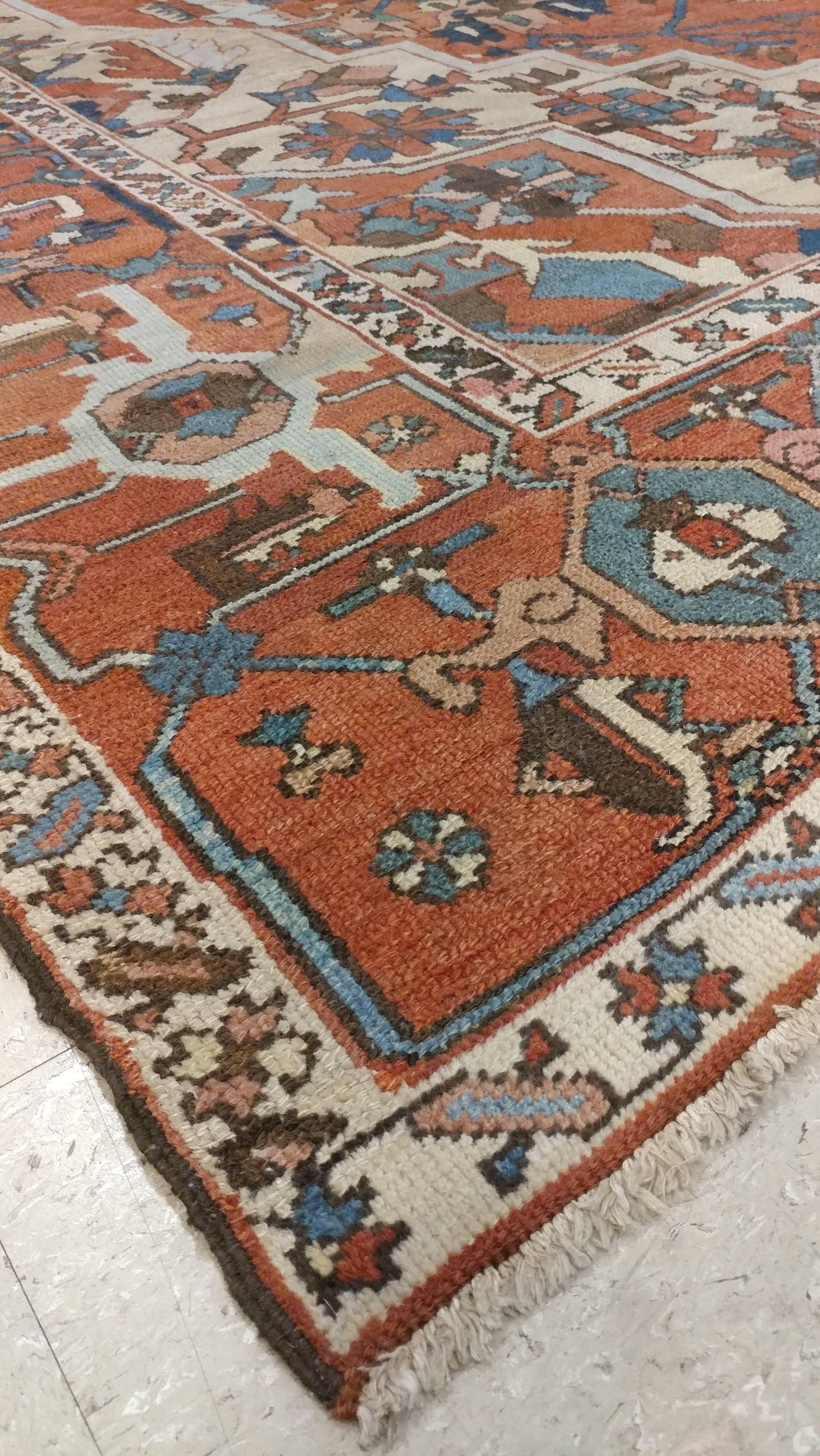 Antique Persian Handmade Wool Oriental Serapi Carpet, Rust, Gold, Light Blue 4