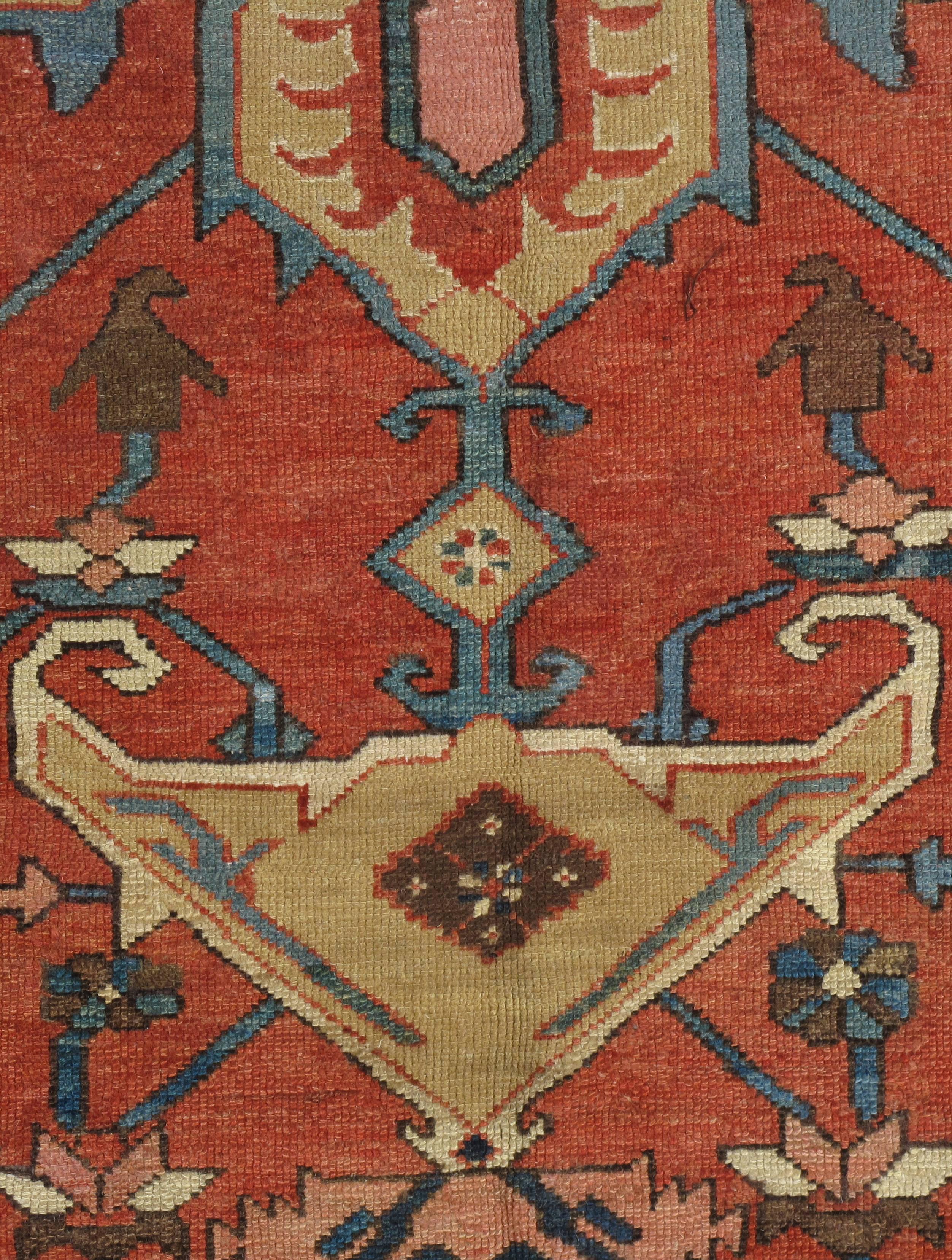 Heriz Serapi Antique Persian Handmade Wool Oriental Serapi Carpet, Rust, Gold, Light Blue