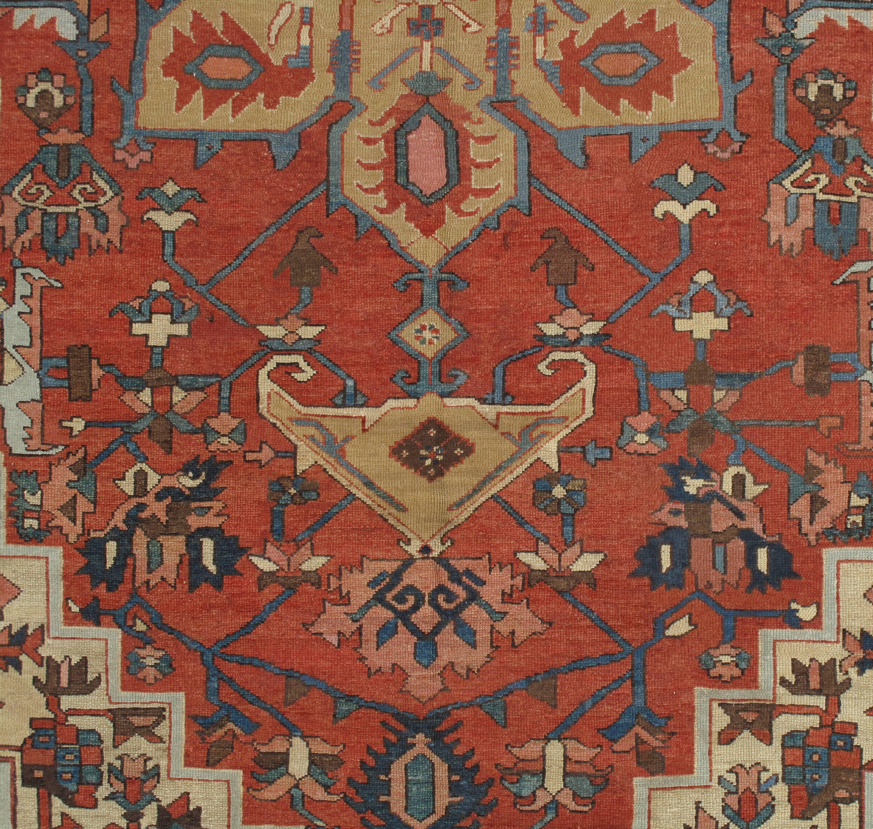 Hand-Knotted Antique Persian Handmade Wool Oriental Serapi Carpet, Rust, Gold, Light Blue