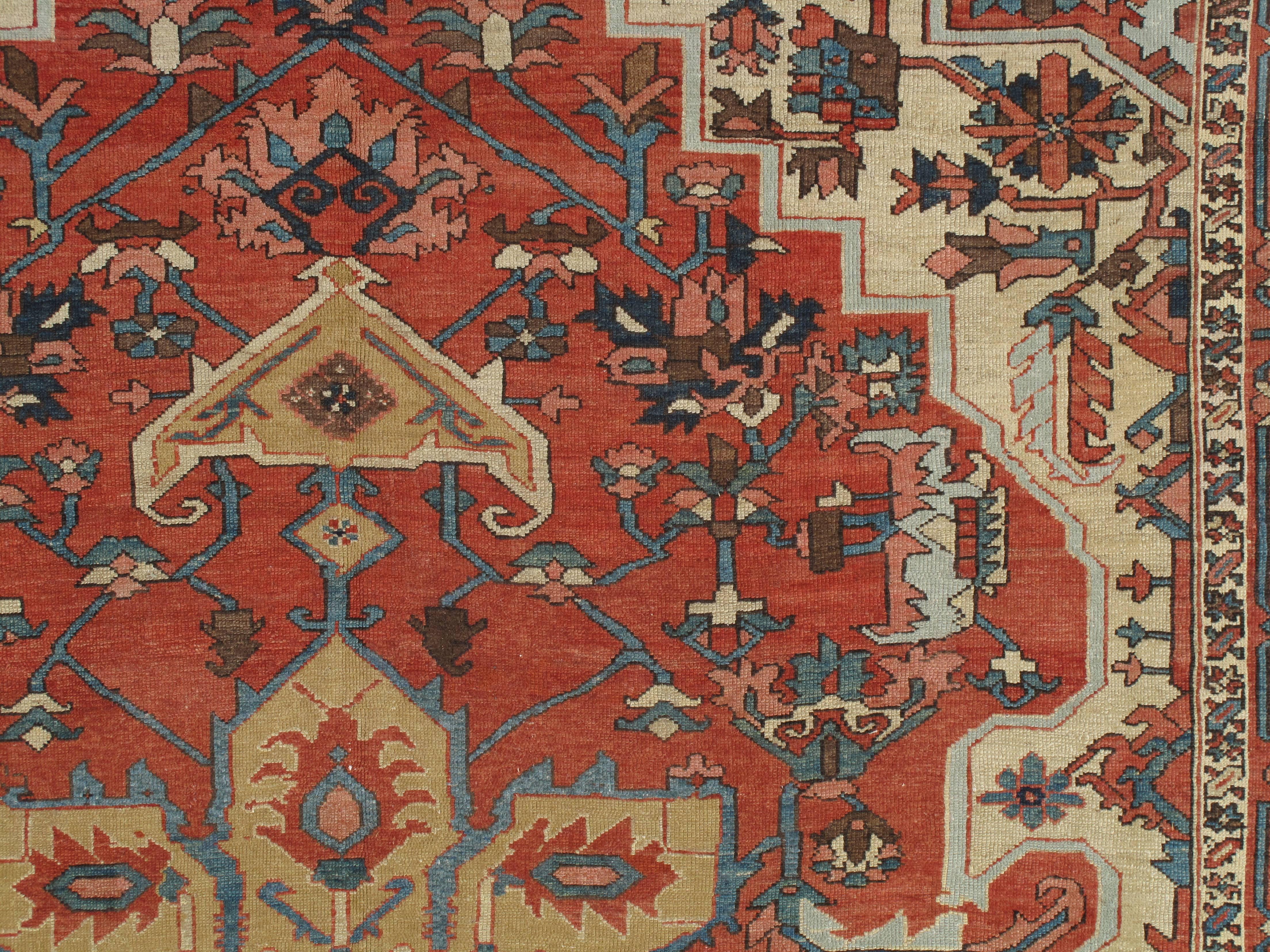 Early 20th Century Antique Persian Handmade Wool Oriental Serapi Carpet, Rust, Gold, Light Blue
