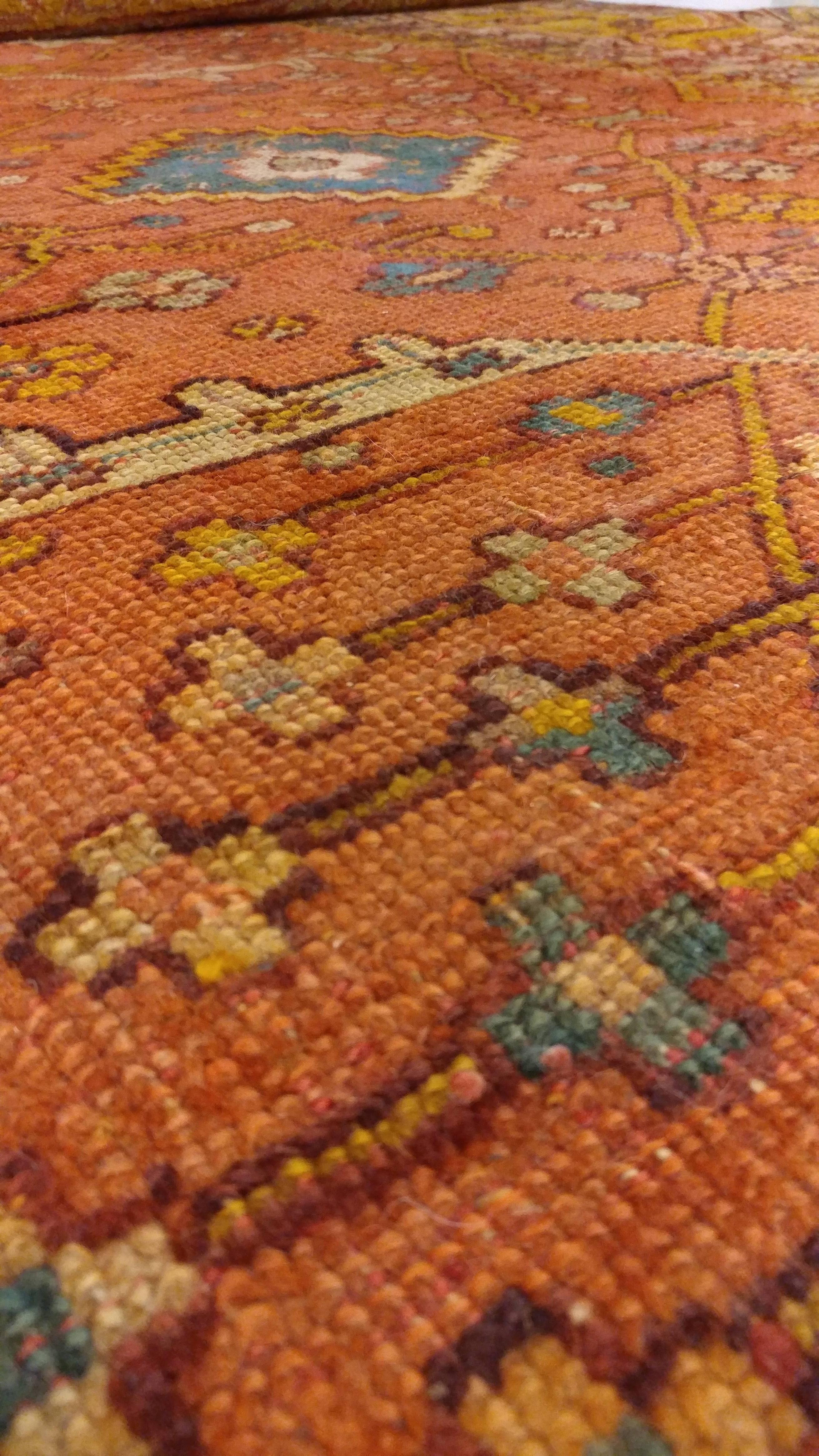 Hand-Knotted Antique Oushak Carpet, Oriental Rug, Handmade Ivory, Muted Orange, Soft Saffron