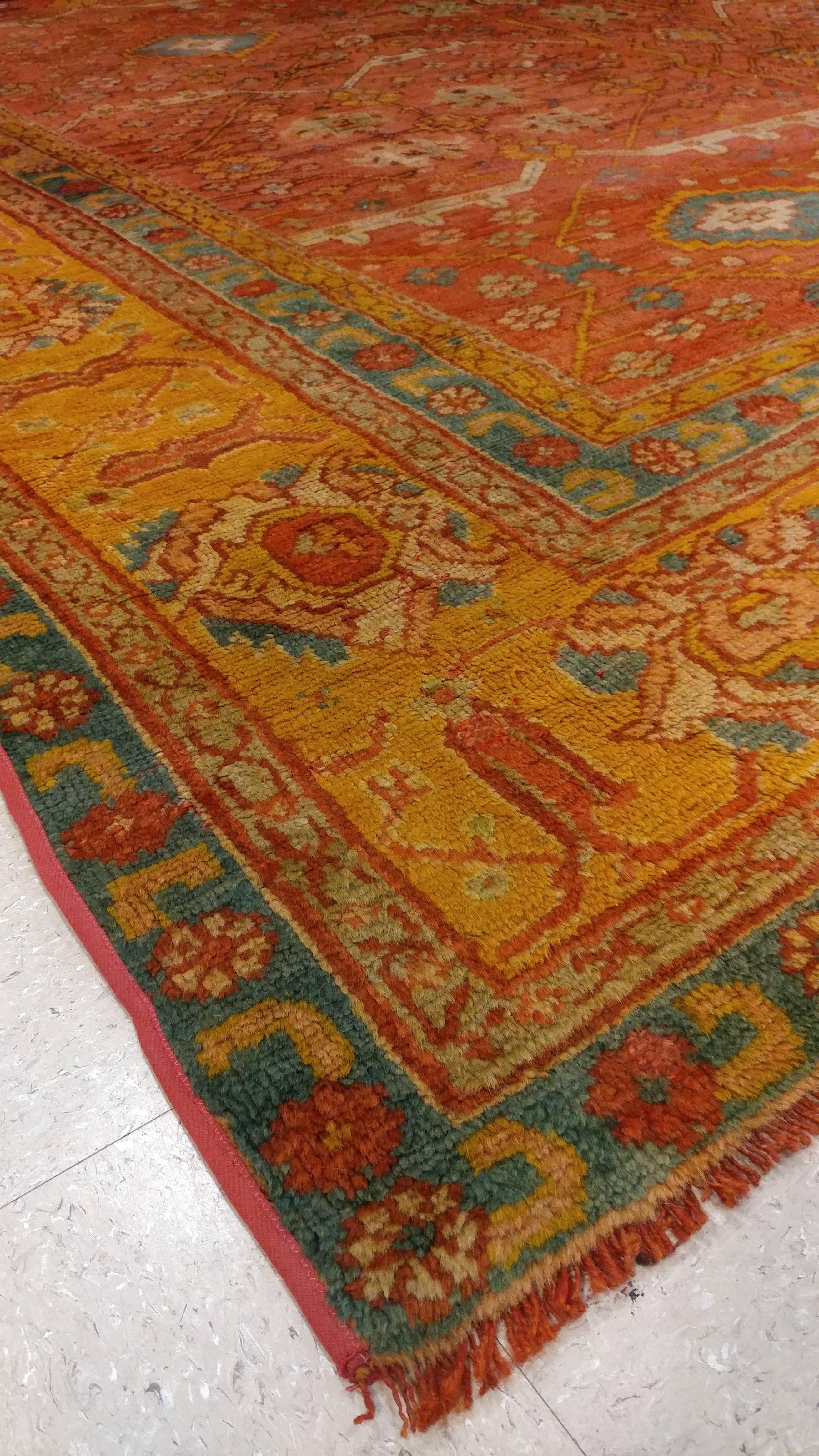 Turkish Antique Oushak Carpet, Oriental Rug, Handmade Ivory, Muted Orange, Soft Saffron