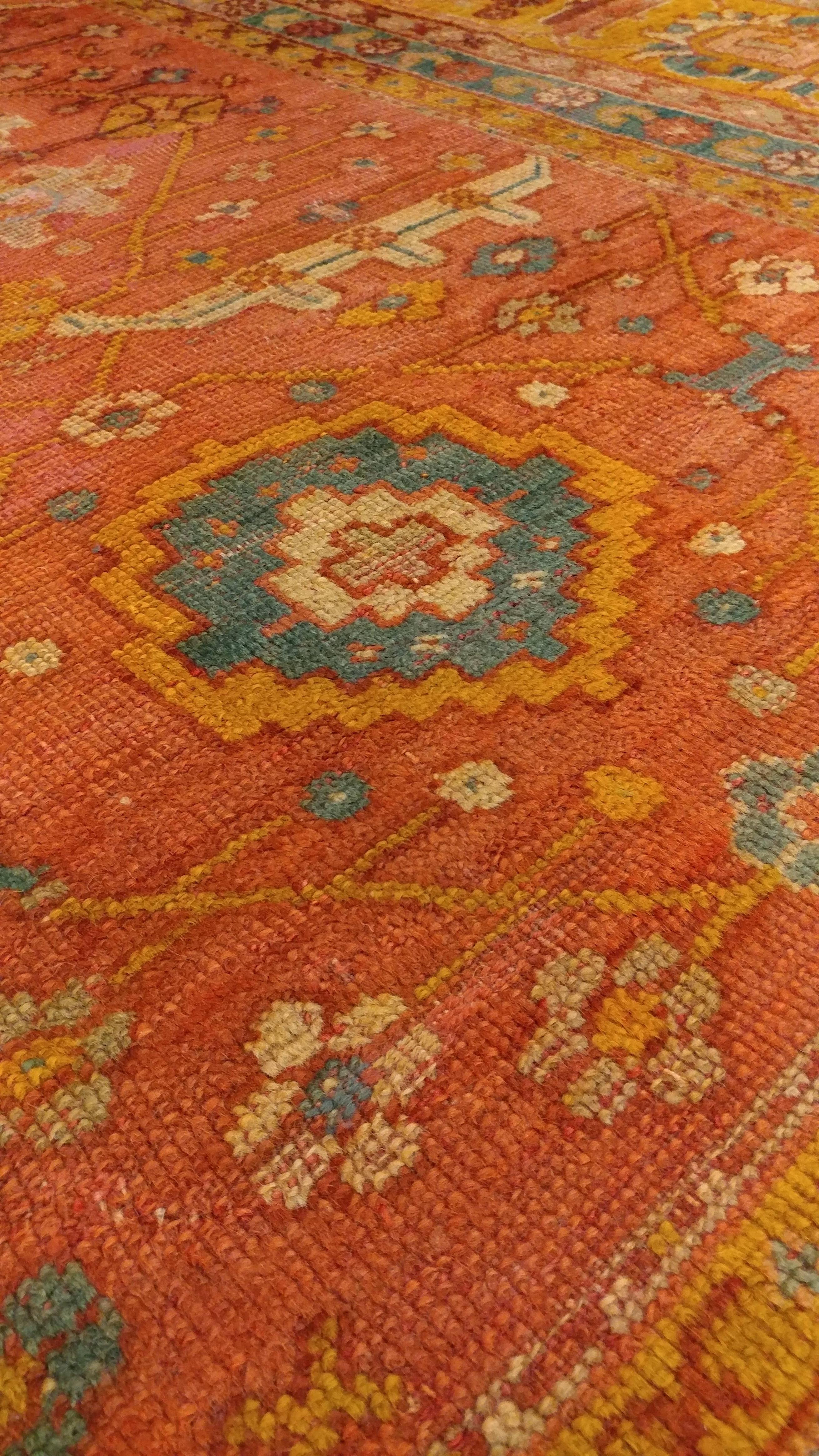 Wool Antique Oushak Carpet, Oriental Rug, Handmade Ivory, Muted Orange, Soft Saffron