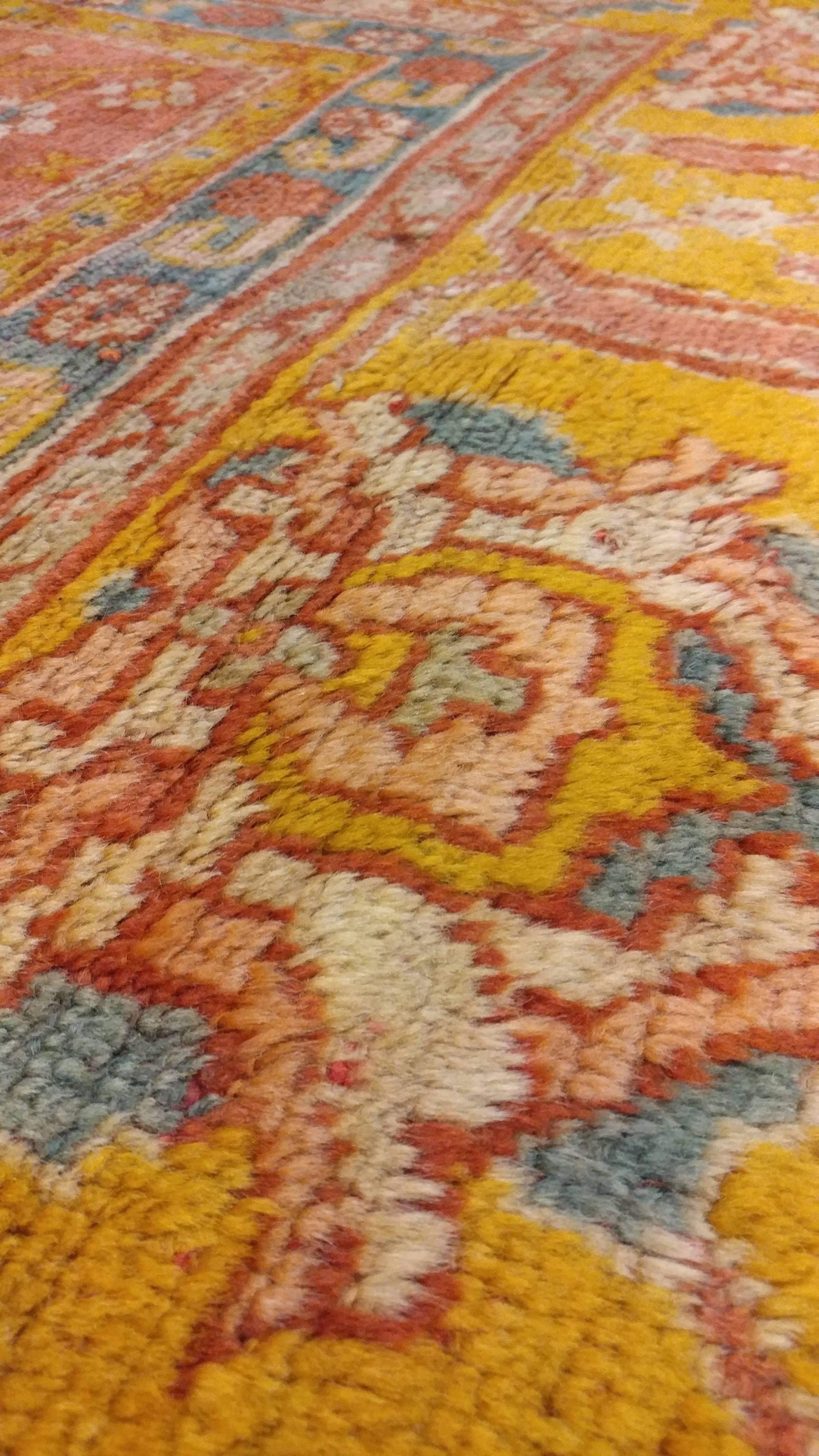 19th Century Antique Oushak Carpet, Oriental Rug, Handmade Ivory, Muted Orange, Soft Saffron