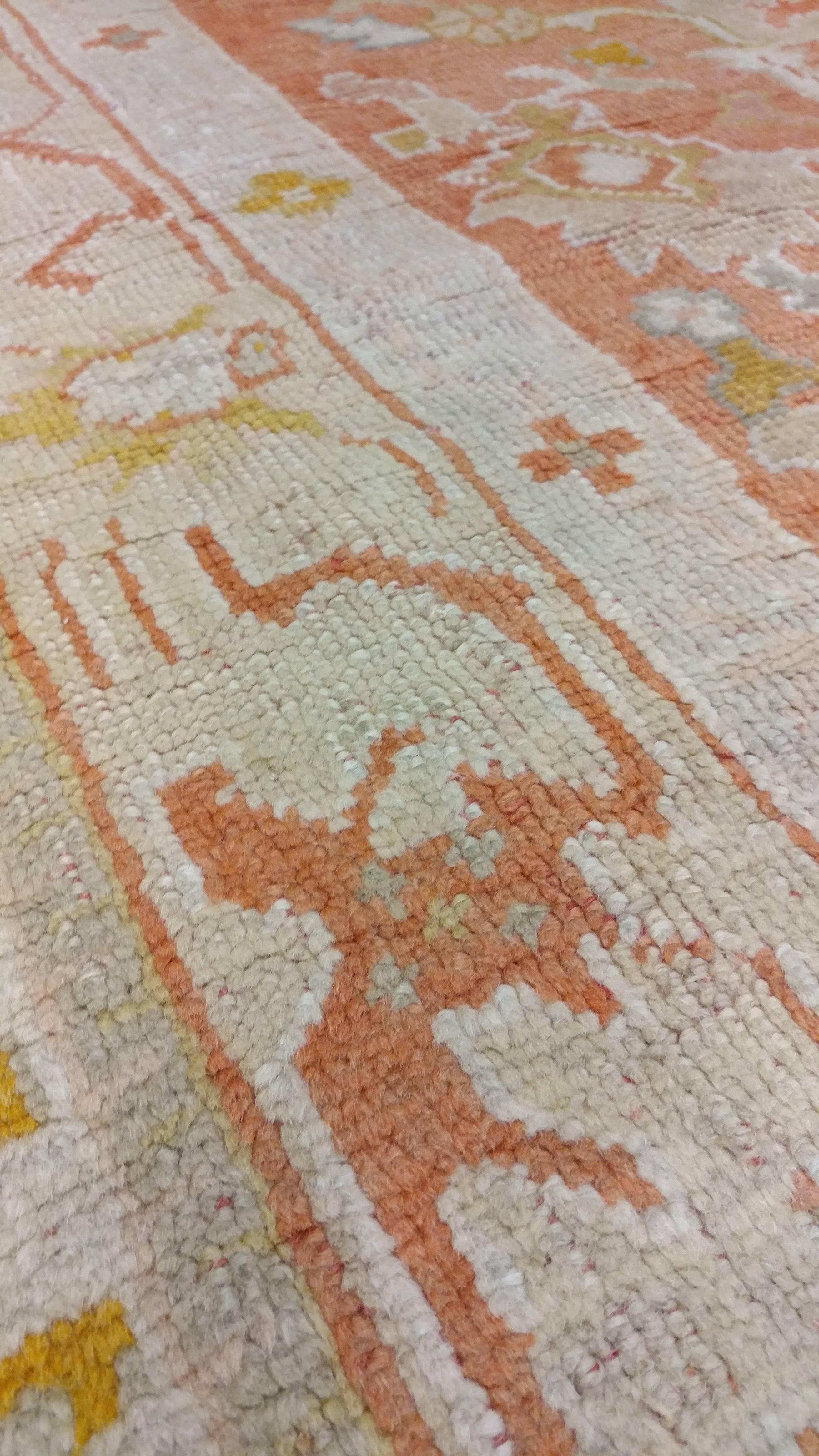 Antique Oushak Turkish Carpet, Handmade Coral, Ivory, Saffron 2