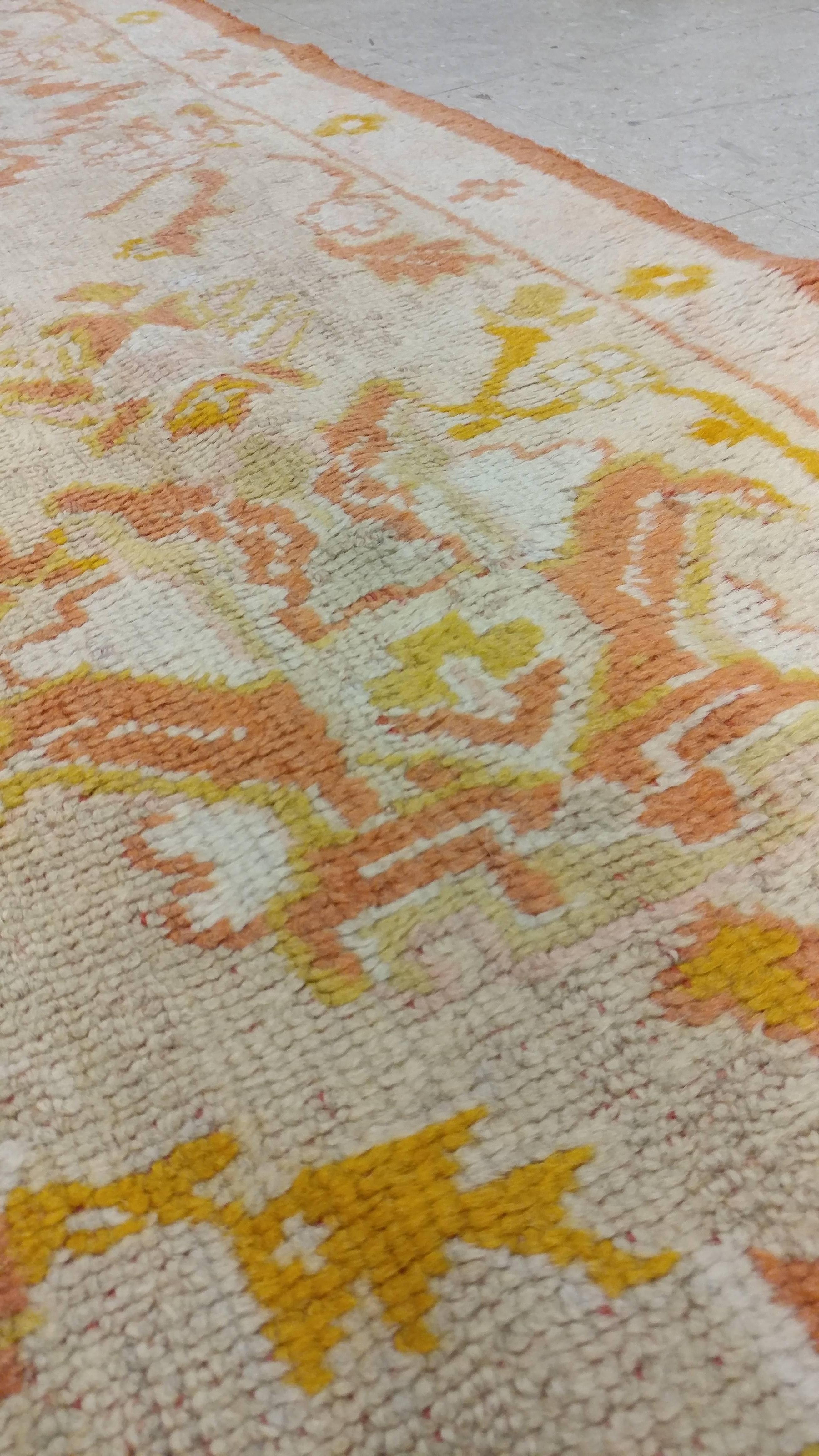 Wool Antique Oushak Turkish Carpet, Handmade Coral, Ivory, Saffron