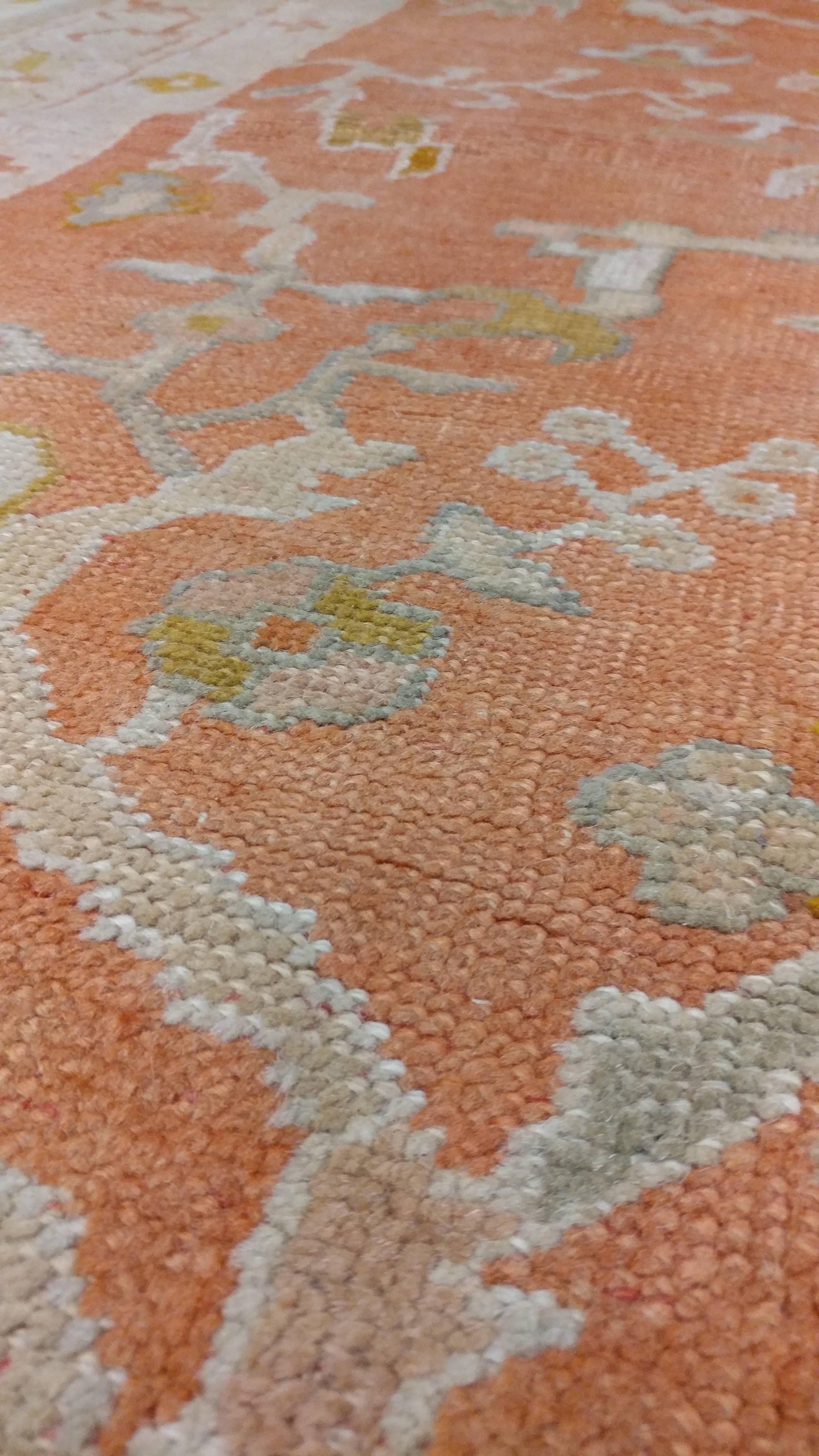 Antique Oushak Turkish Carpet, Handmade Coral, Ivory, Saffron 3