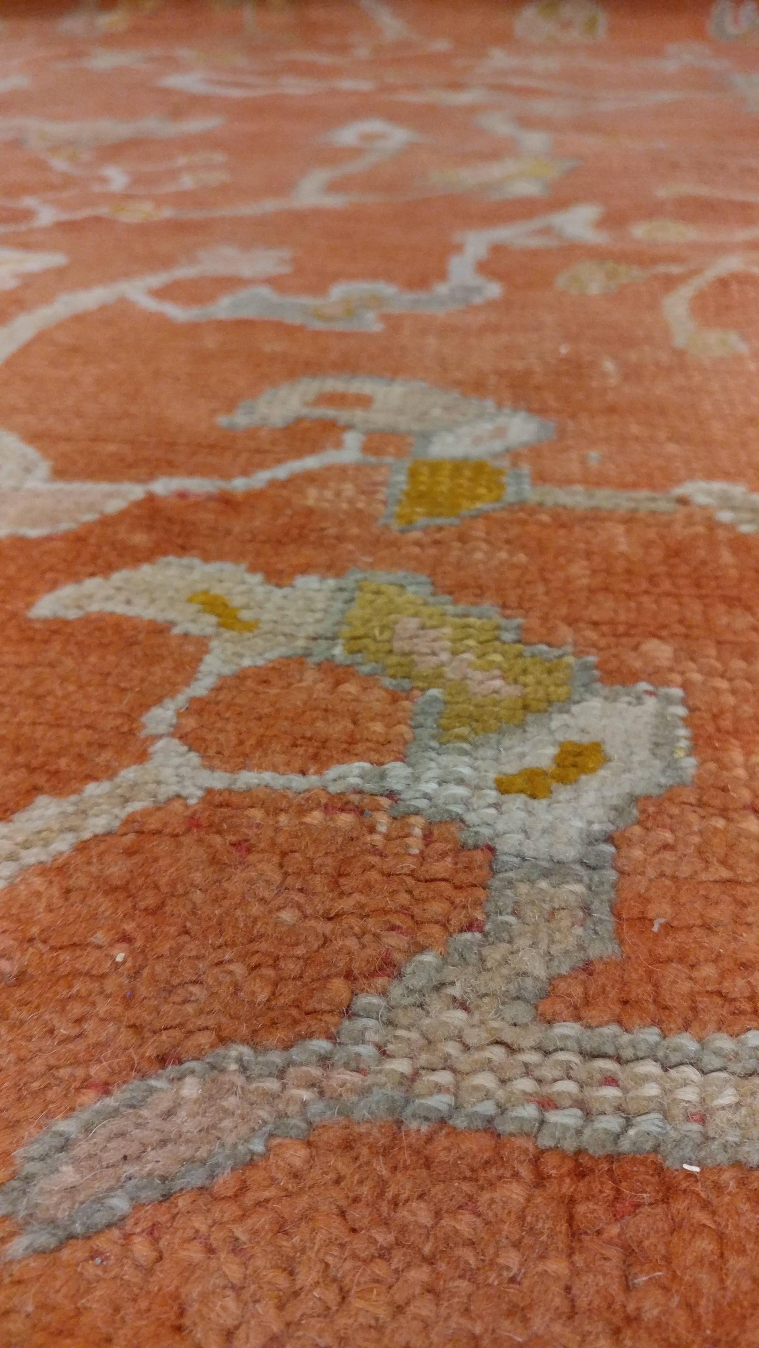 Antique Oushak Turkish Carpet, Handmade Coral, Ivory, Saffron 1