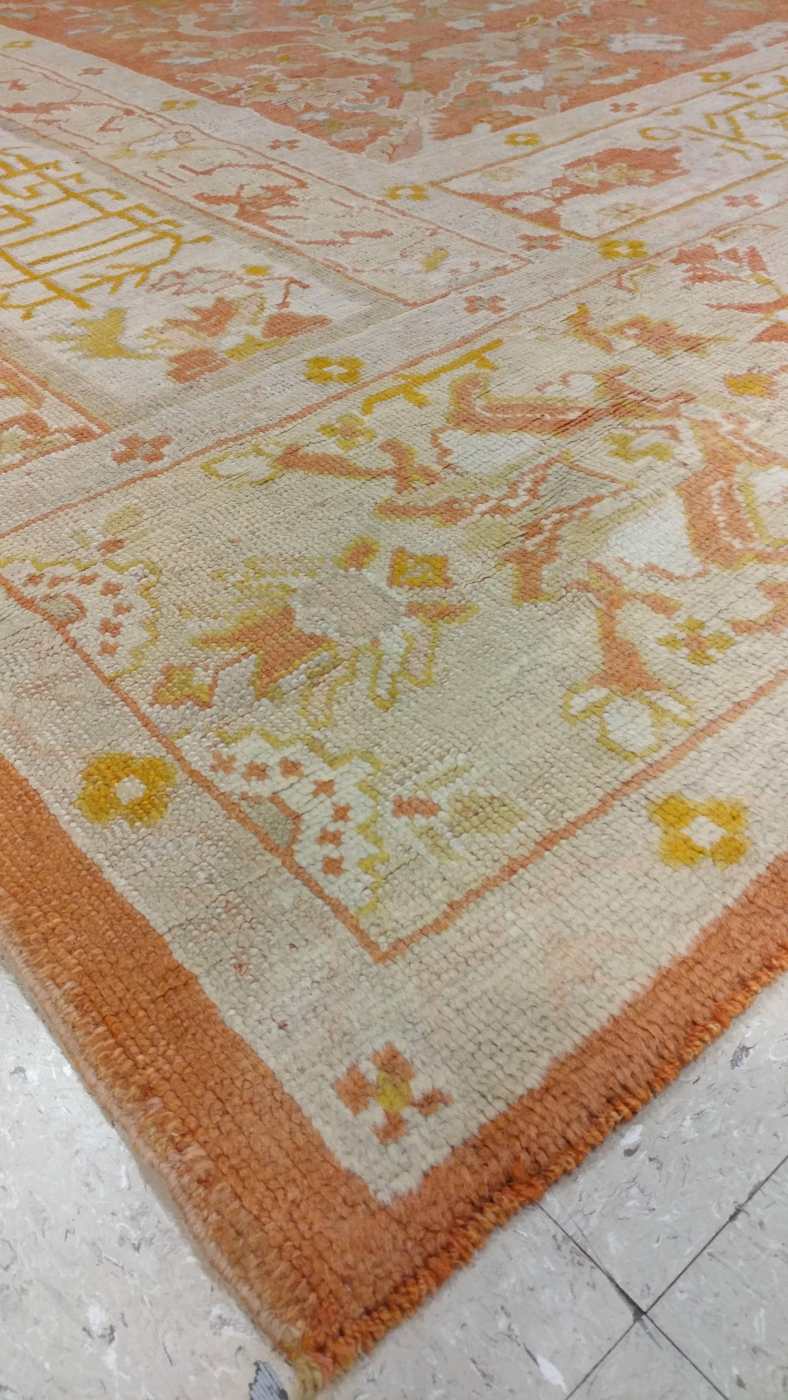 Antique Oushak Turkish Carpet, Handmade Coral, Ivory, Saffron In Excellent Condition In Port Washington, NY