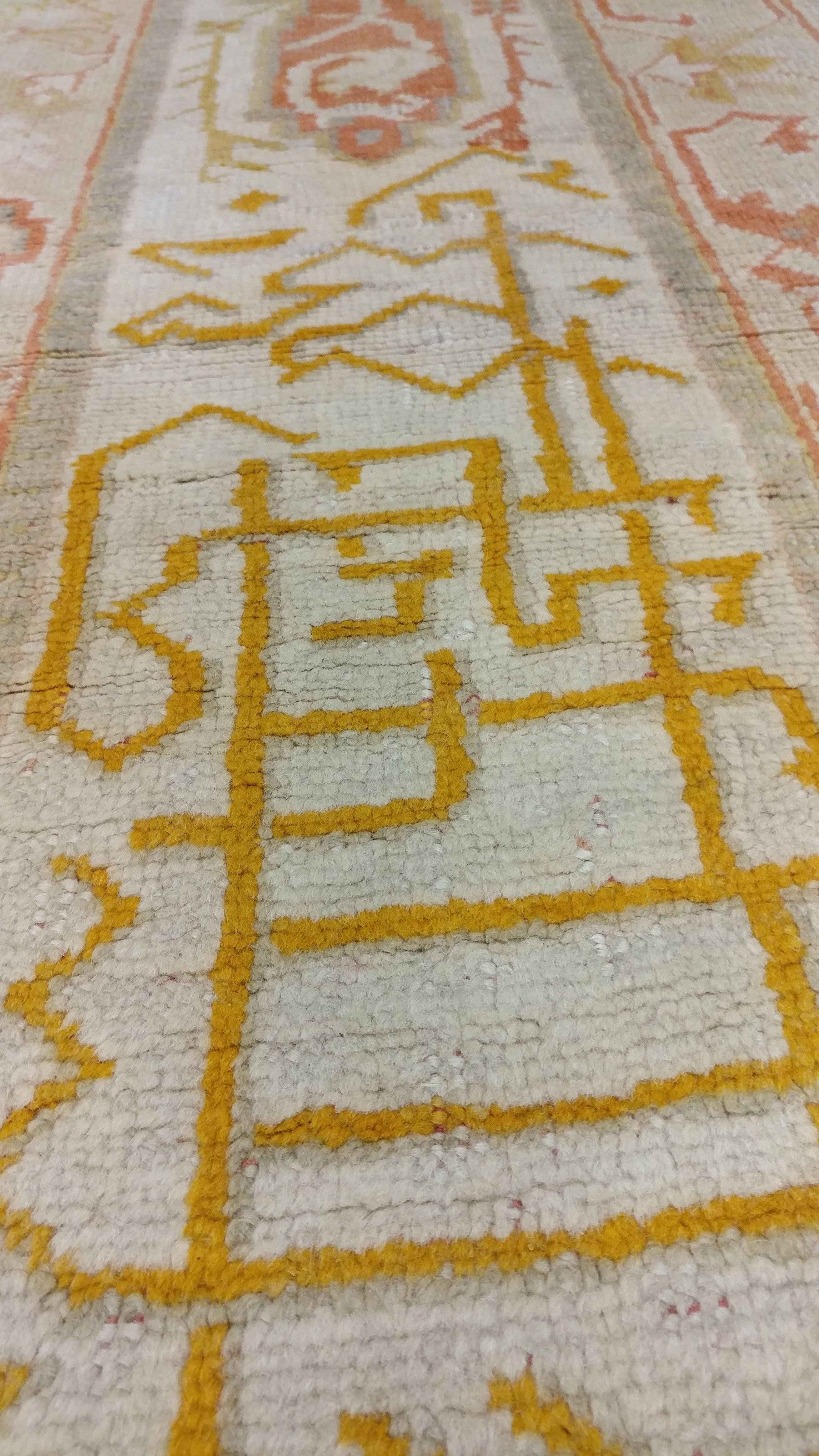 Antique Oushak Turkish Carpet, Handmade Coral, Ivory, Saffron 4