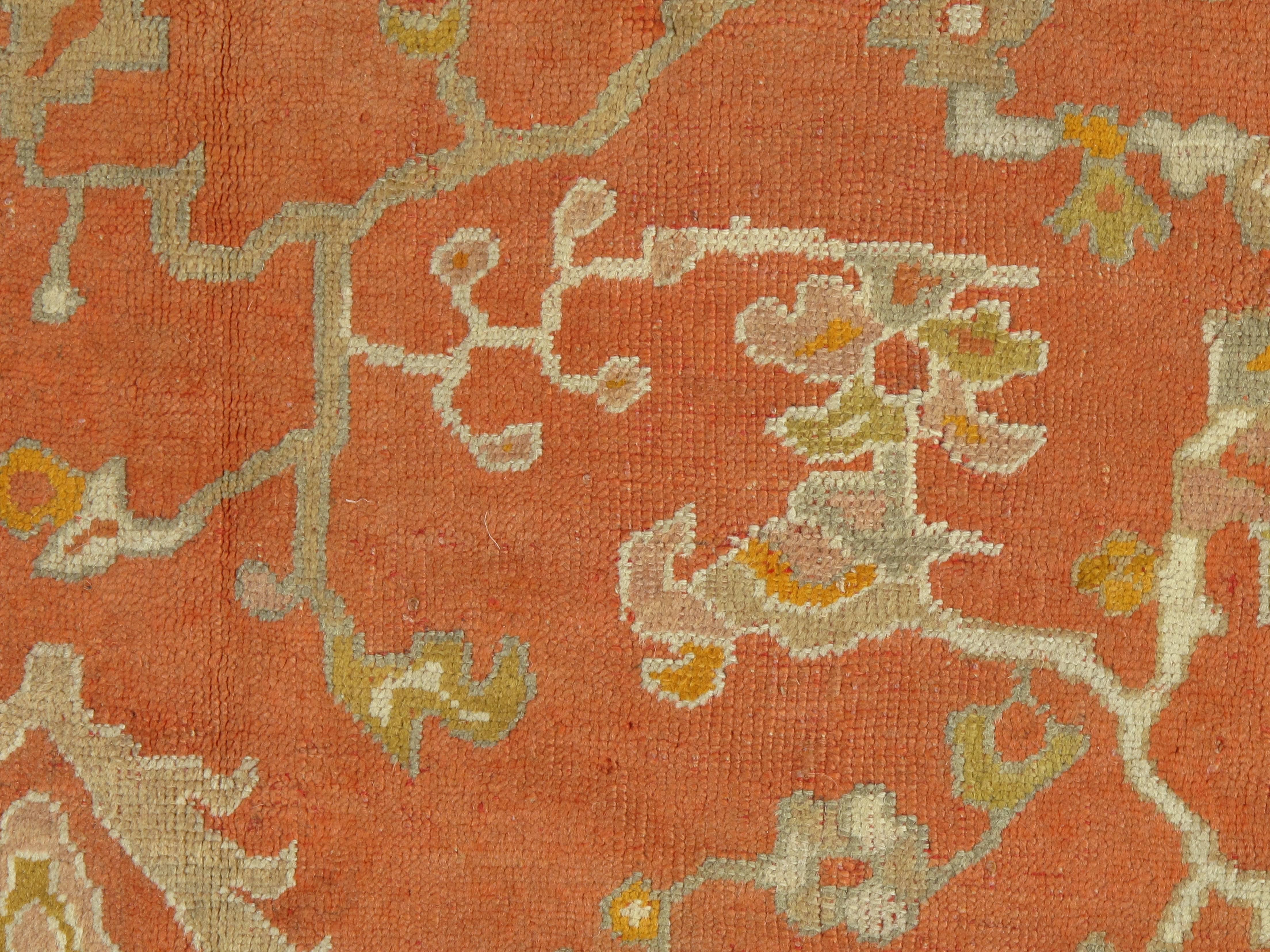 19th Century Antique Oushak Turkish Carpet, Handmade Coral, Ivory, Saffron