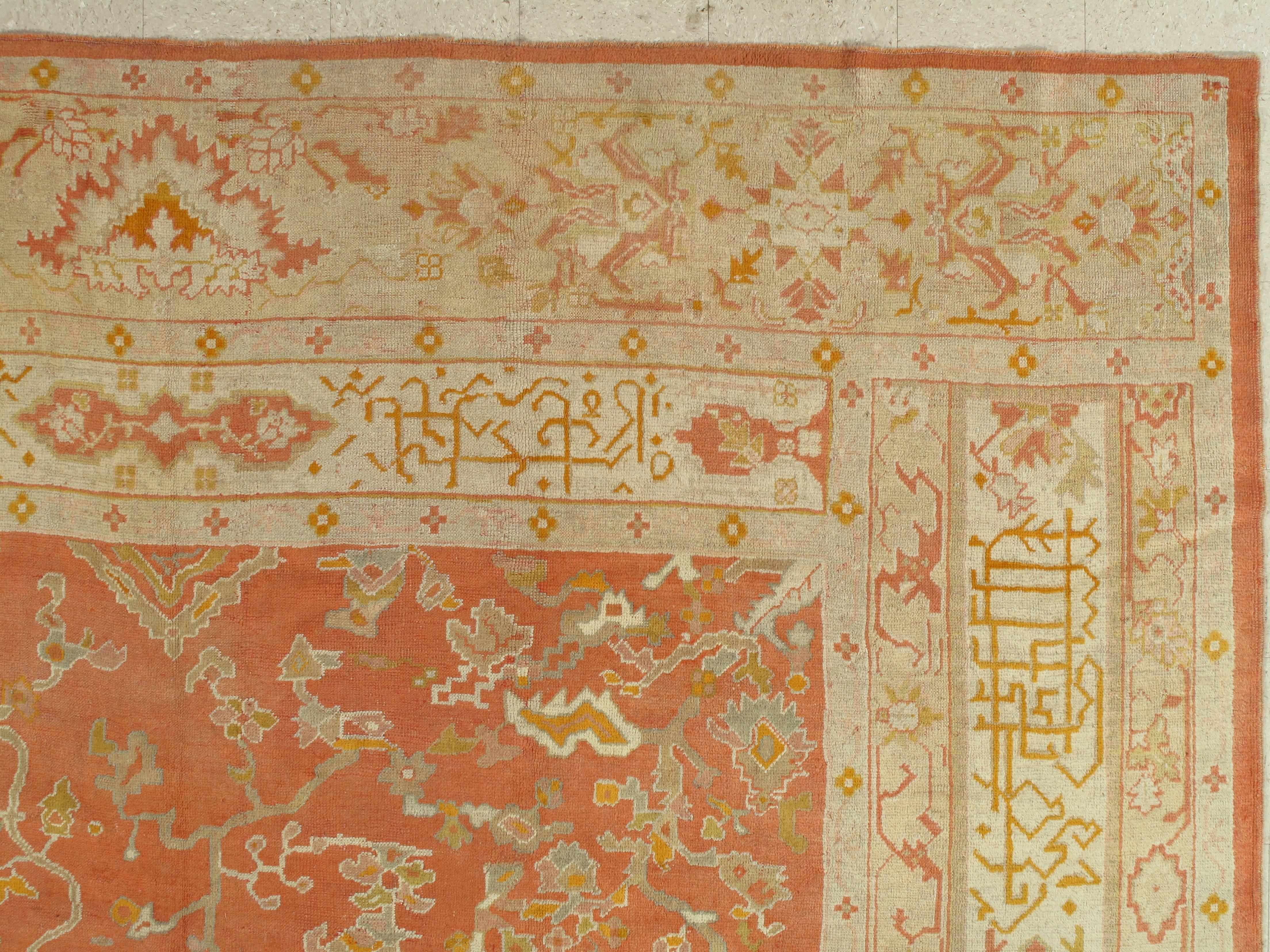 Hand-Knotted Antique Oushak Turkish Carpet, Handmade Coral, Ivory, Saffron