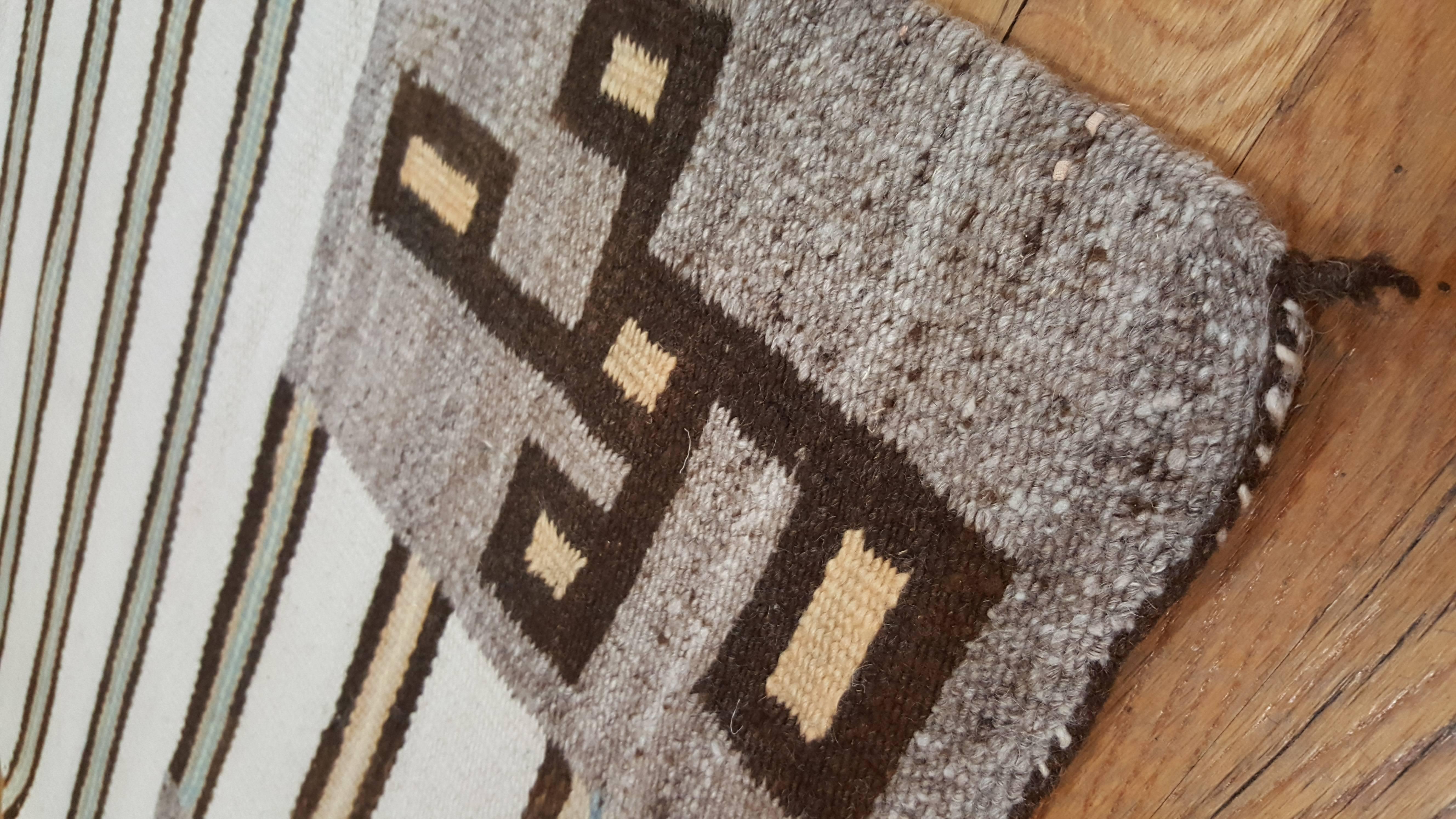 Hand-Knotted Vintage Navajo Carpet, Folk Rug, Handmade Wool, Beige, Green, Brown