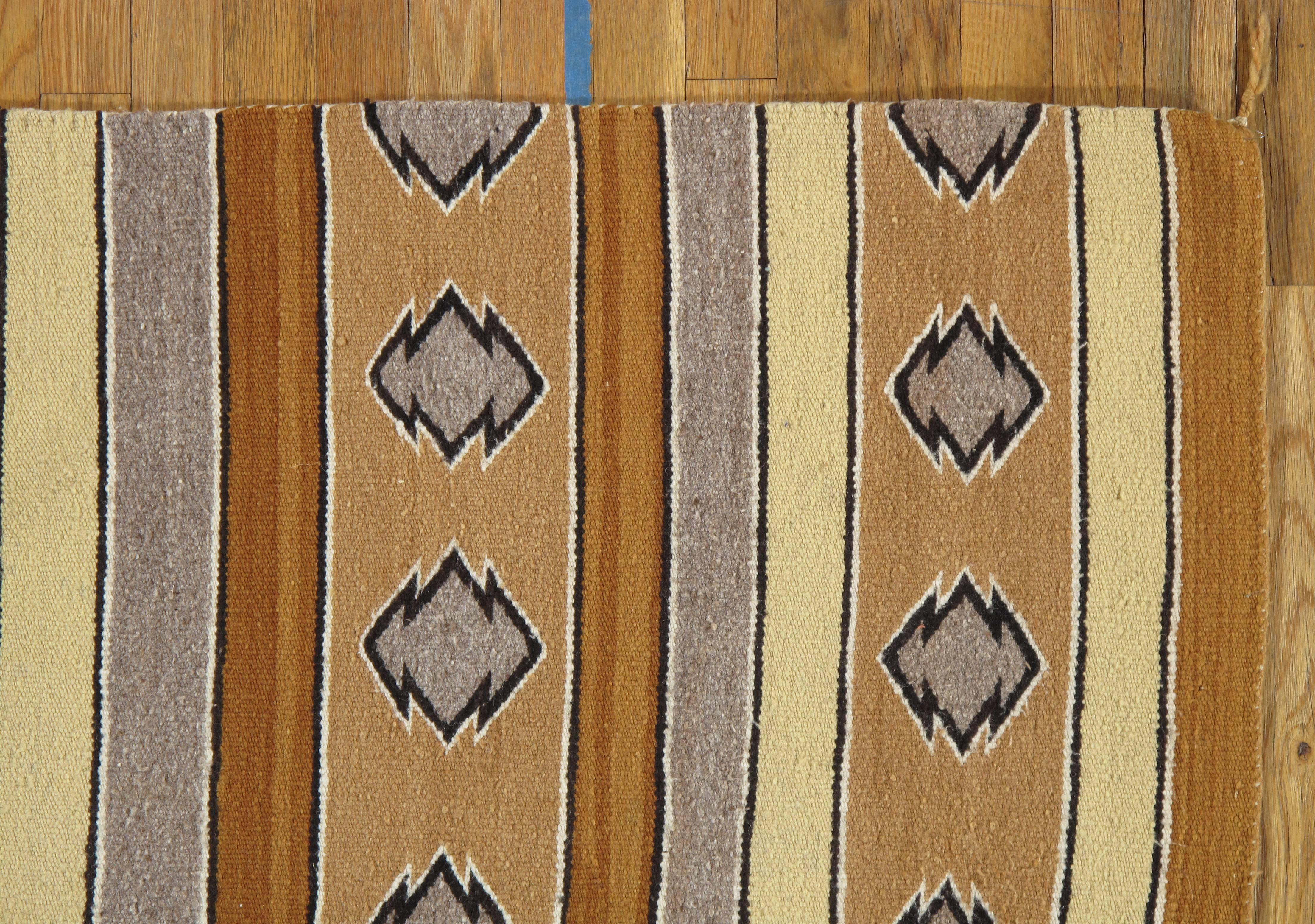 American Vintage Navajo Carpet, Folk Rug, Handmade Wool, Beige, Caramel, Tan For Sale