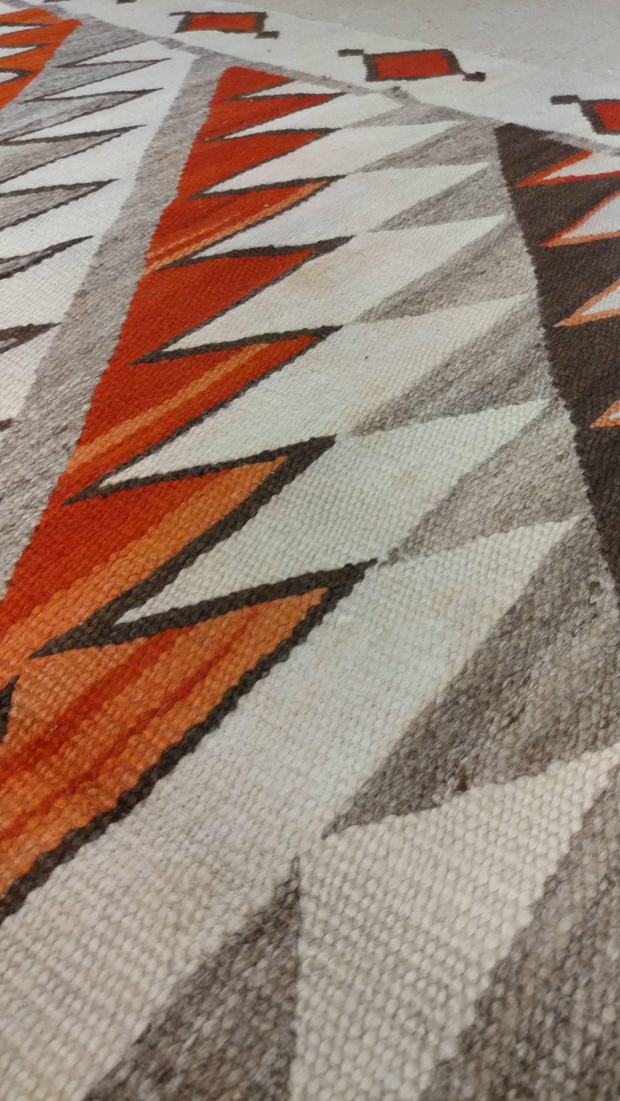 Antique Navajo Carpet, Folk Rug, Handmade Wool Rug, Tan, Coral, Beige In Good Condition In Port Washington, NY