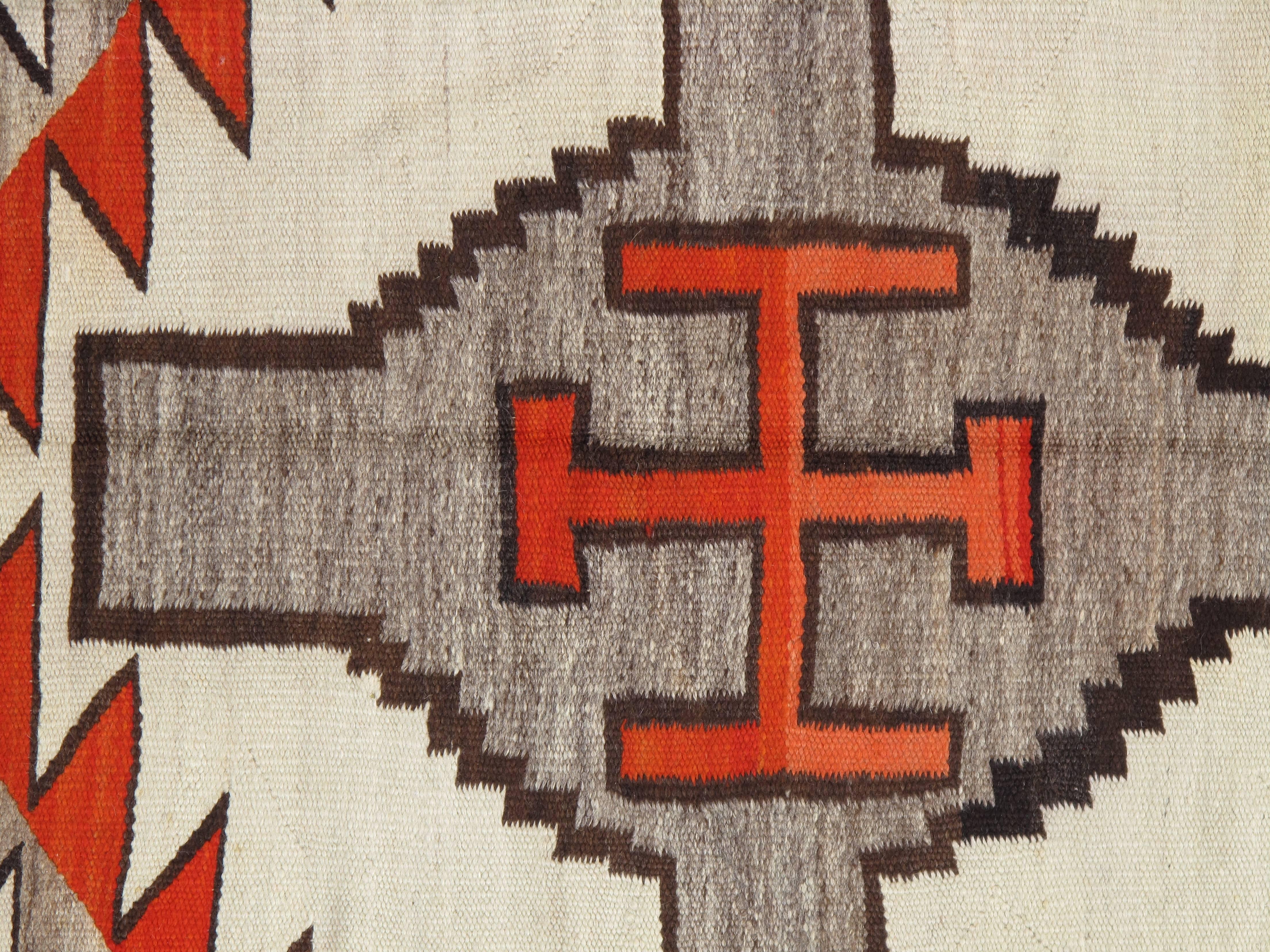American Antique Navajo Carpet, Folk Rug, Handmade Wool Rug, Tan, Coral, Beige