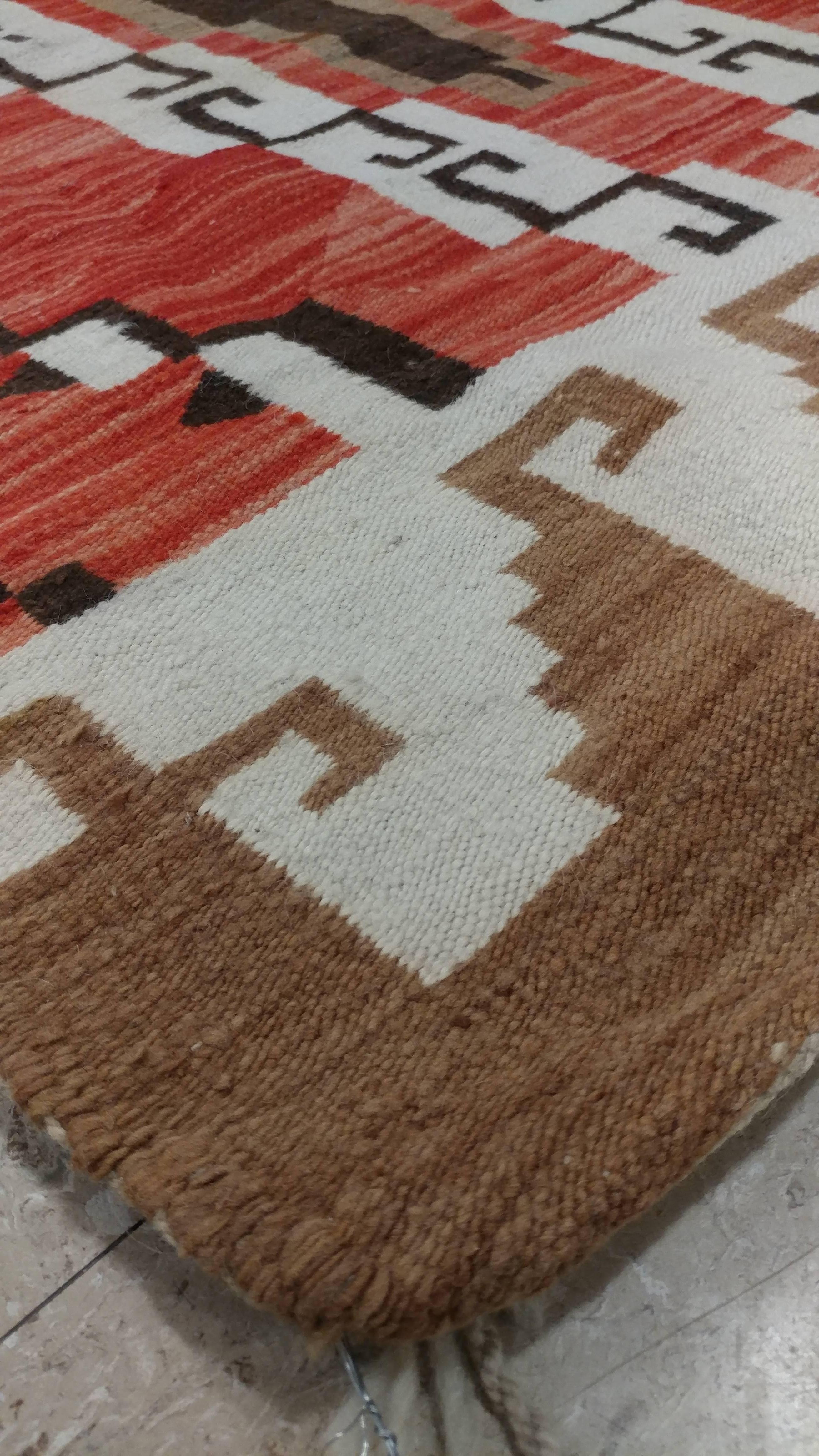 Hand-Knotted Vintage Navajo Carpet, Folk Rug, Handmade Wool Rug, Tan, Coral, Beige