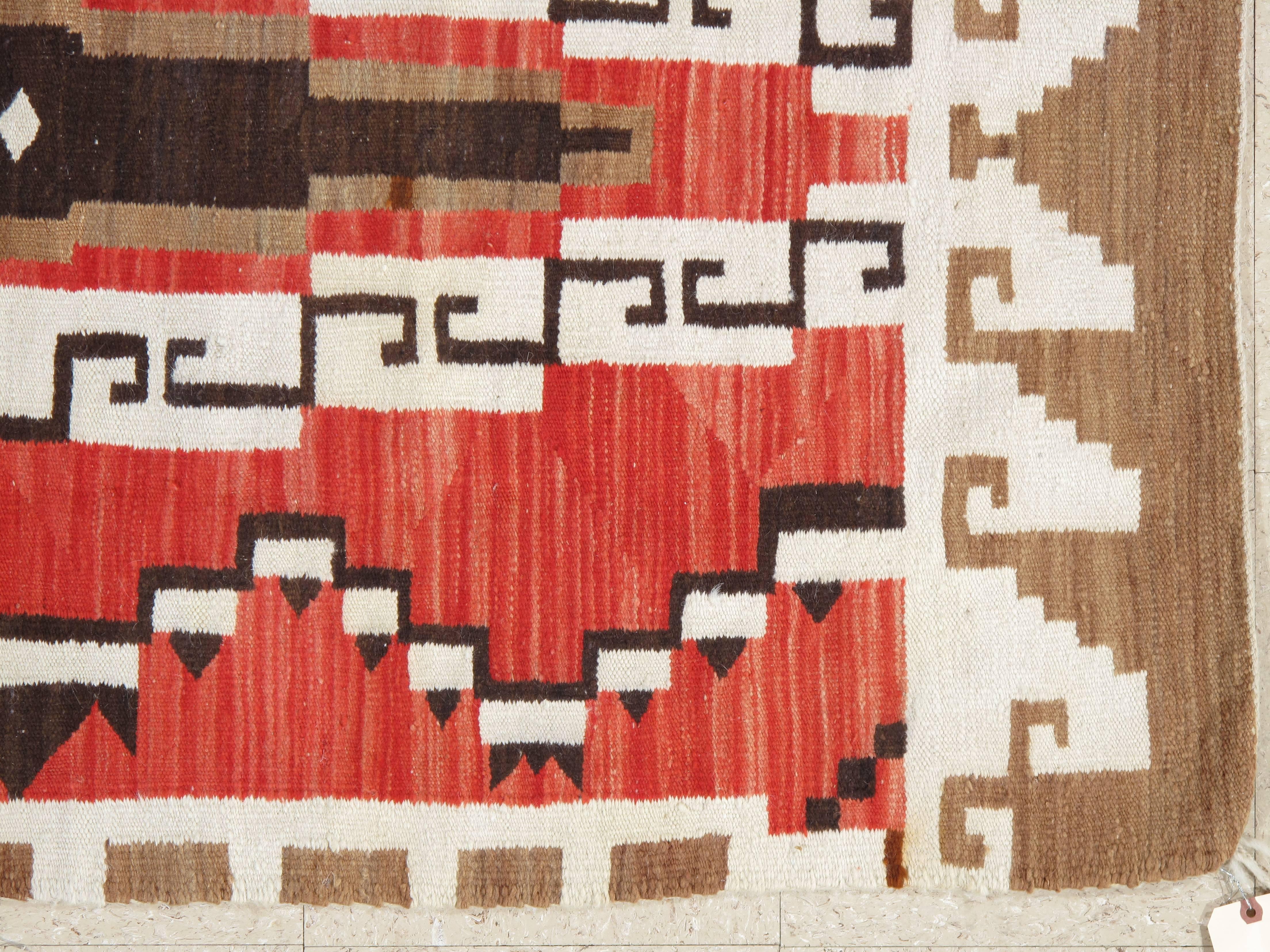 American Vintage Navajo Carpet, Folk Rug, Handmade Wool Rug, Tan, Coral, Beige