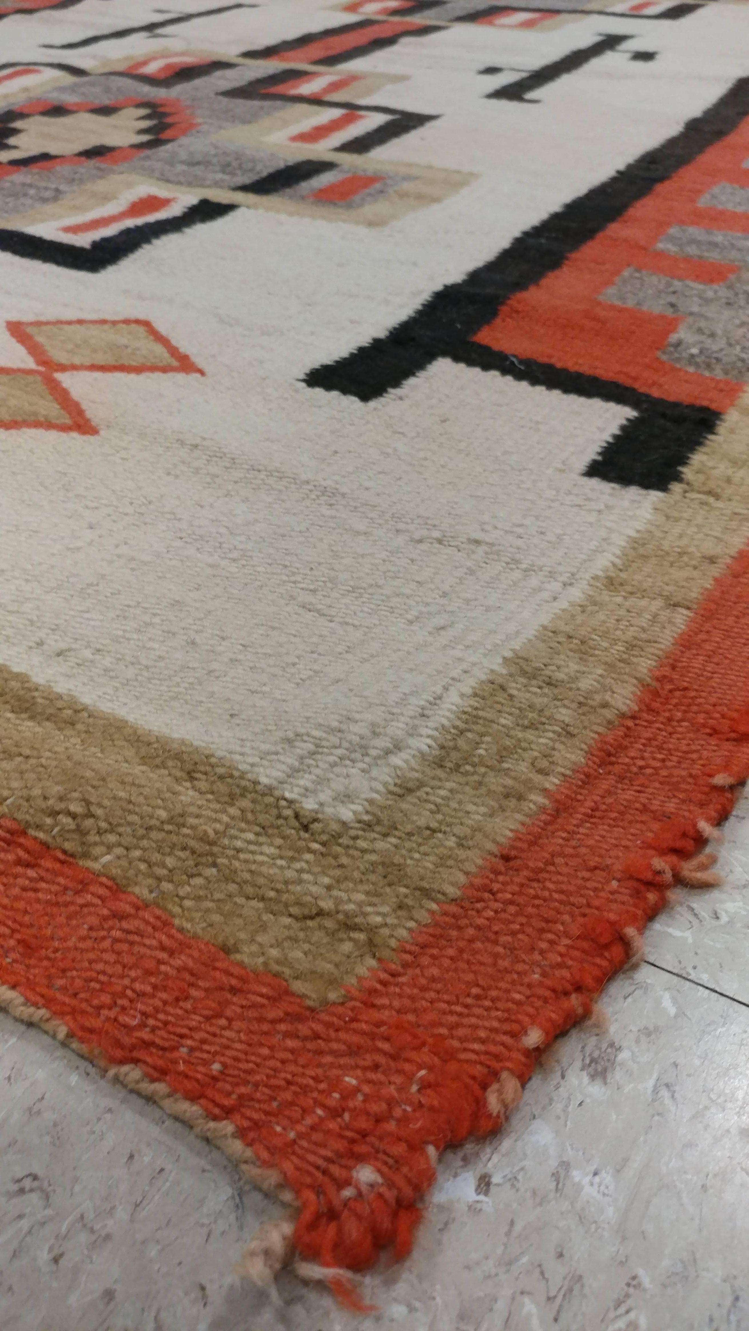 Antique Navajo Carpet, Folk Rug, Handmade Wool, Beige, Coral, Tan, Black 4