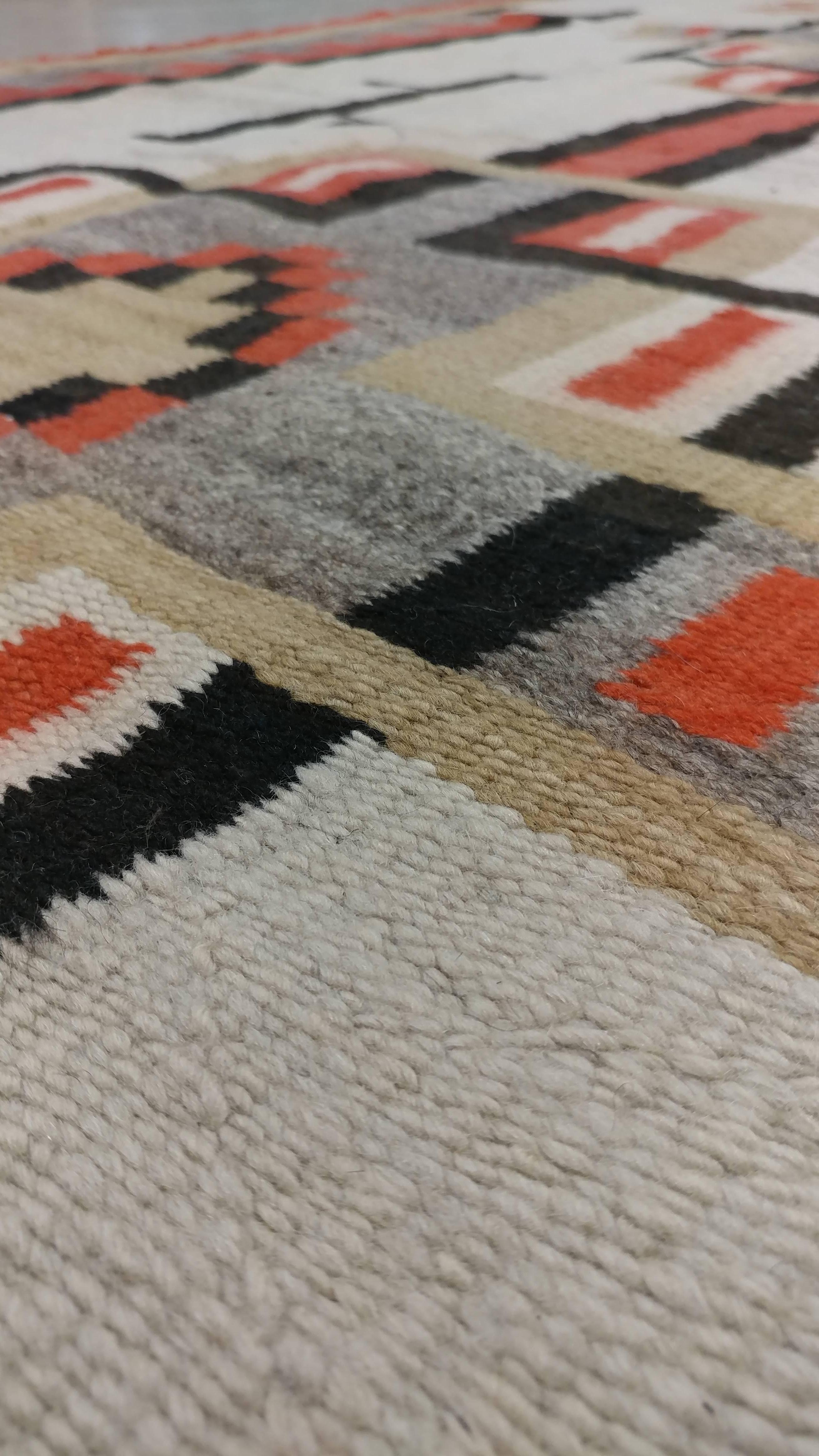 Antique Navajo Carpet, Folk Rug, Handmade Wool, Beige, Coral, Tan, Black 2