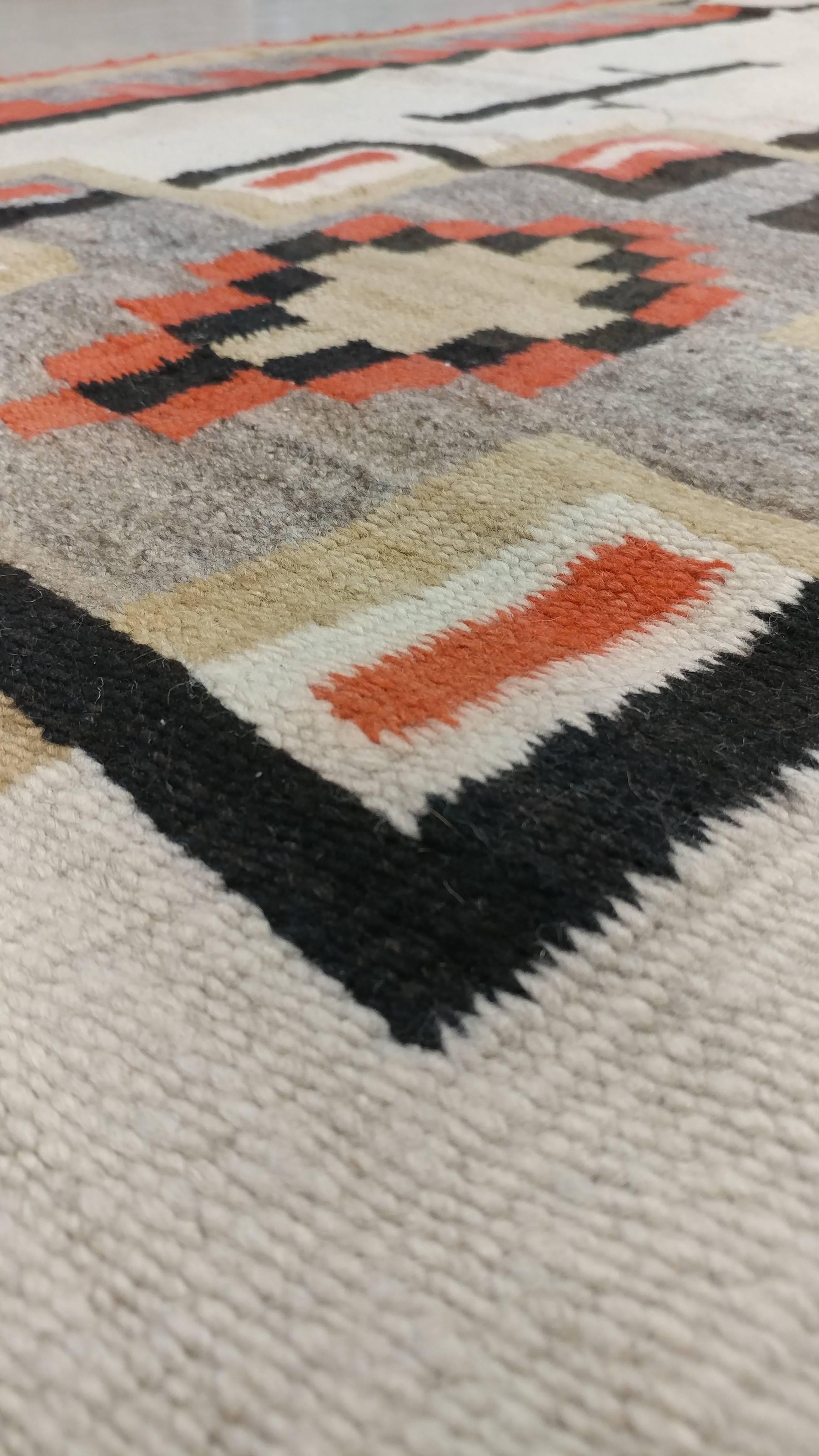 Antique Navajo Carpet, Folk Rug, Handmade Wool, Beige, Coral, Tan, Black 1