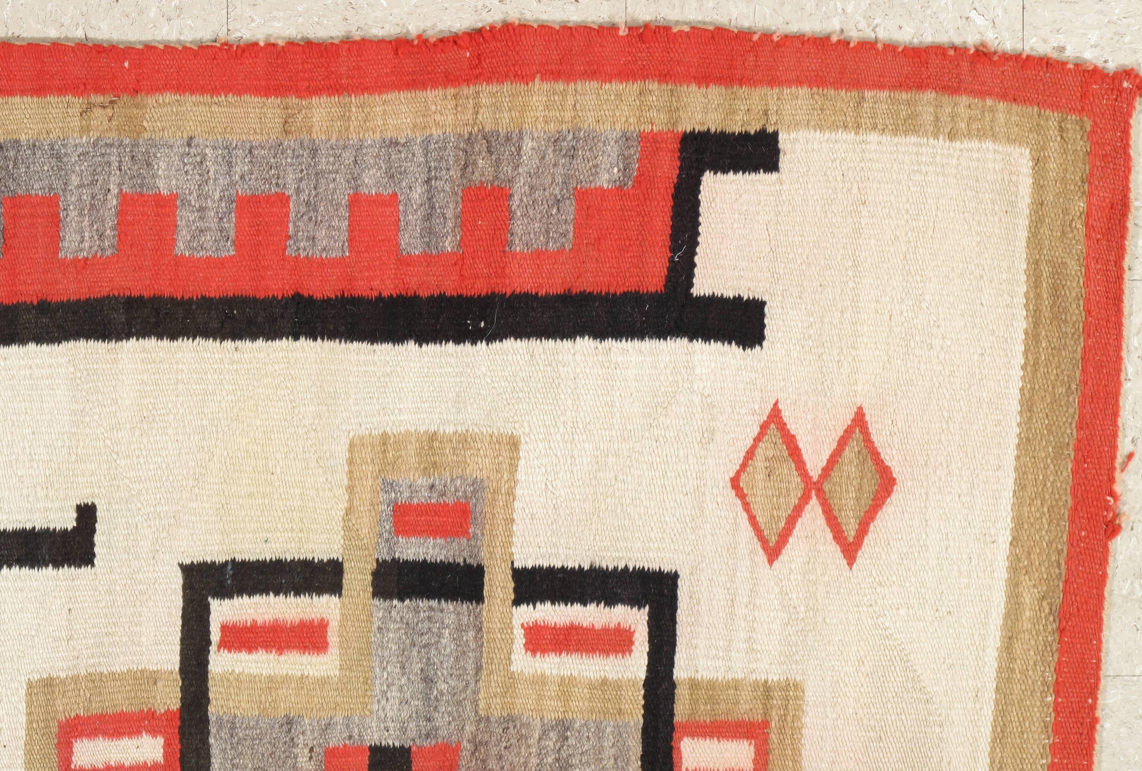 Hand-Knotted Antique Navajo Carpet, Folk Rug, Handmade Wool, Beige, Coral, Tan, Black