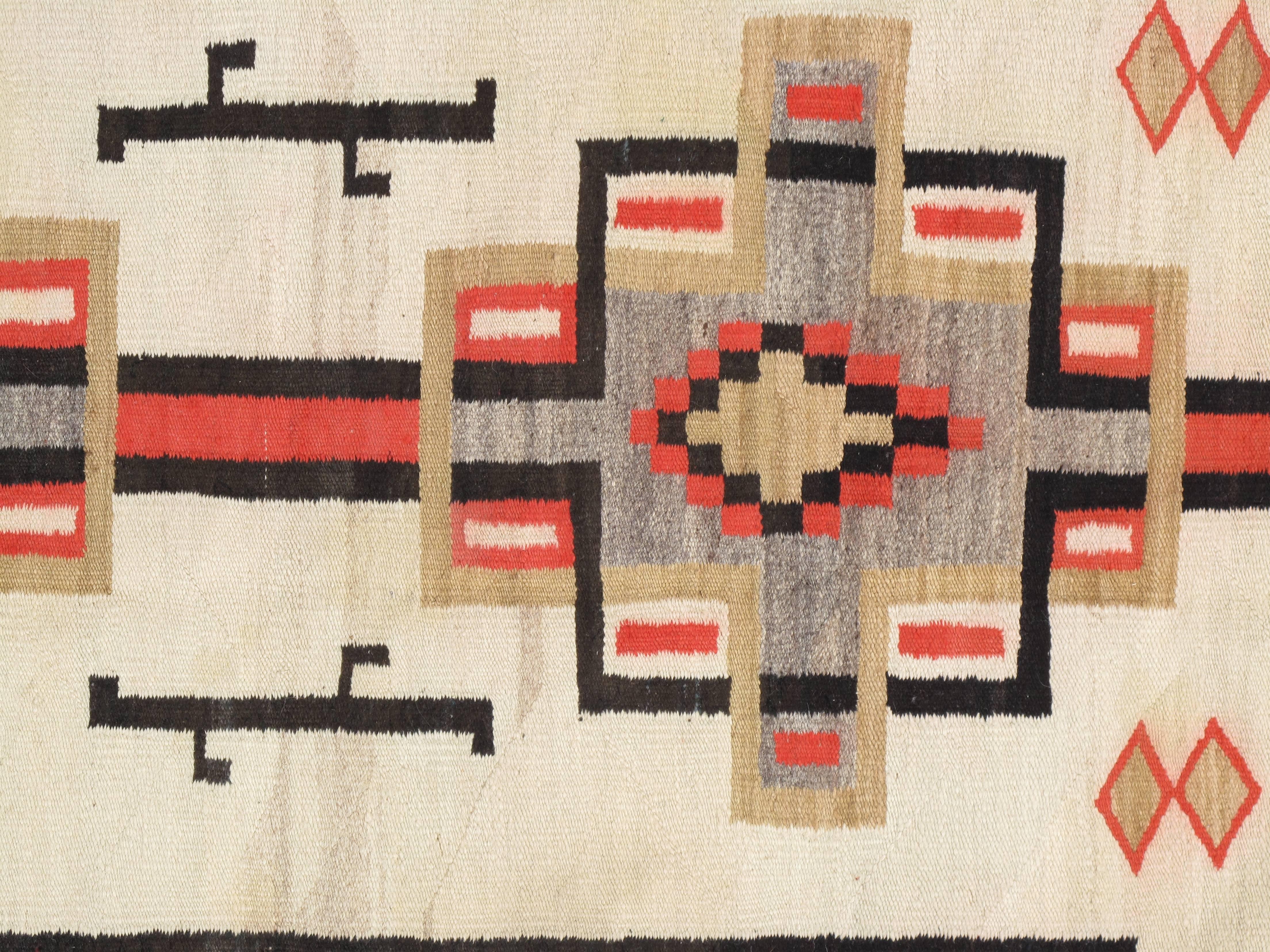 American Antique Navajo Carpet, Folk Rug, Handmade Wool, Beige, Coral, Tan, Black