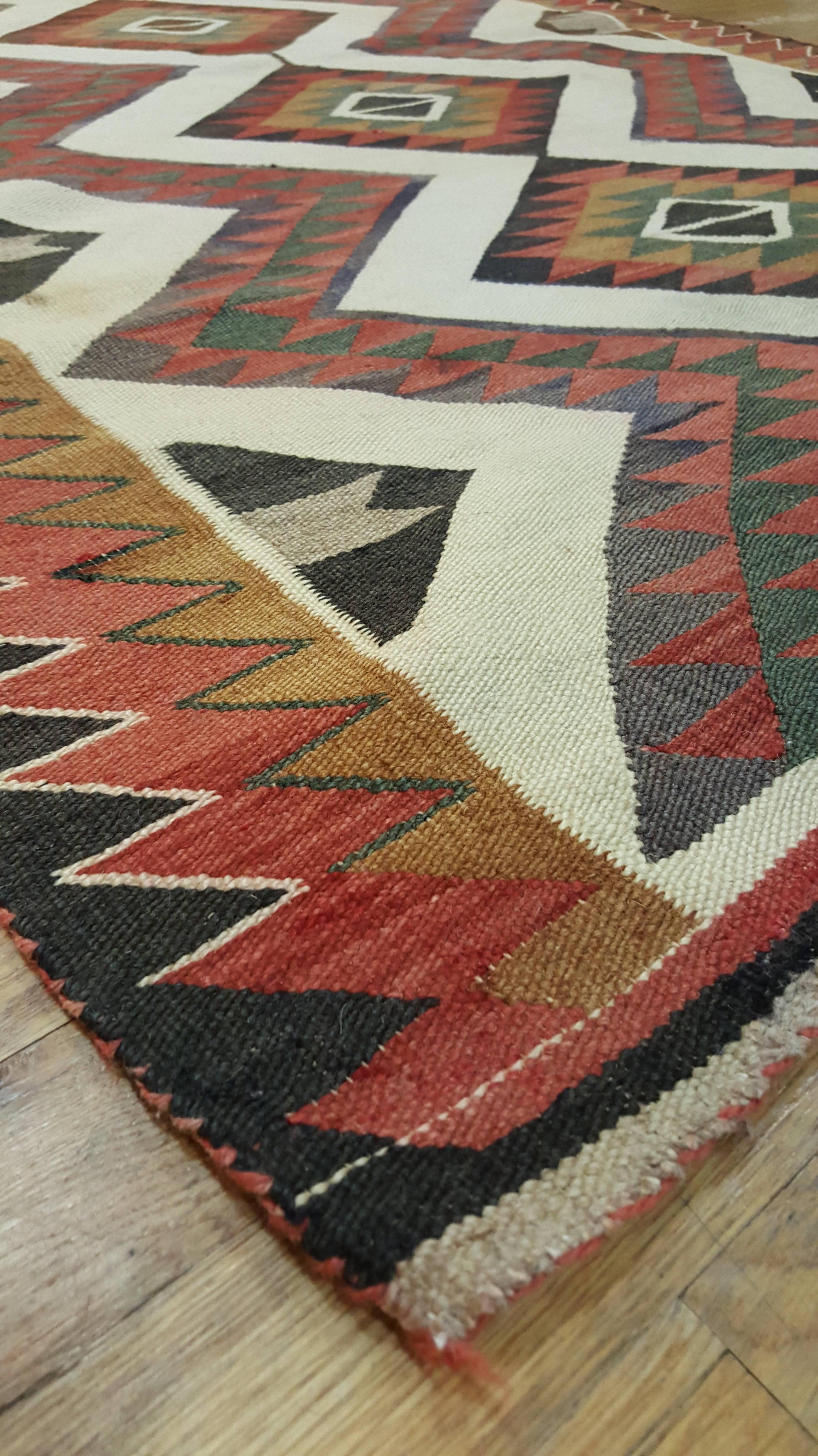 Antique Navajo Carpet, Folk Rug, Handmade Wool, Beige, Yellow, Green, Rust 1