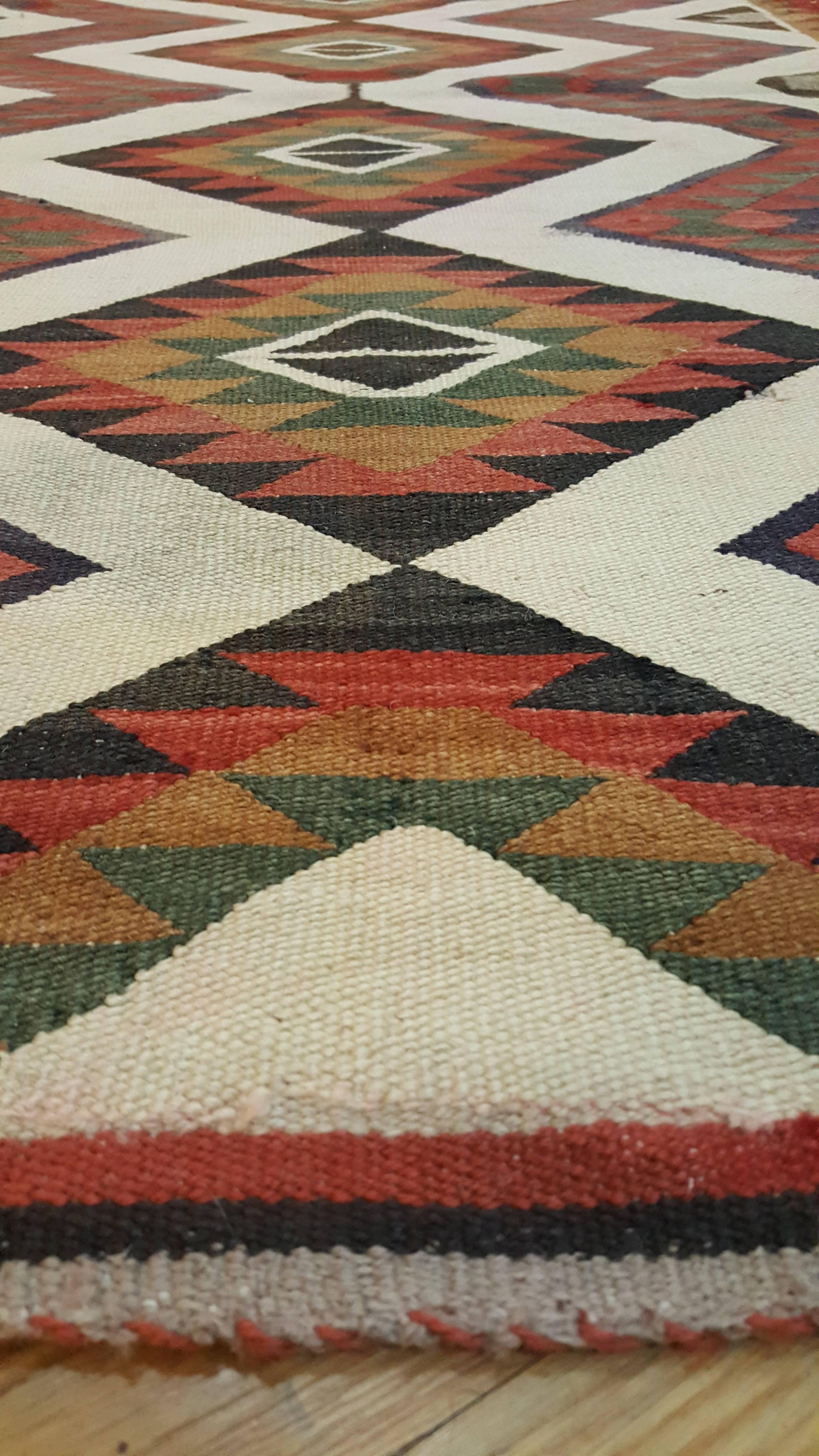 20th Century Antique Navajo Carpet, Folk Rug, Handmade Wool, Beige, Yellow, Green, Rust