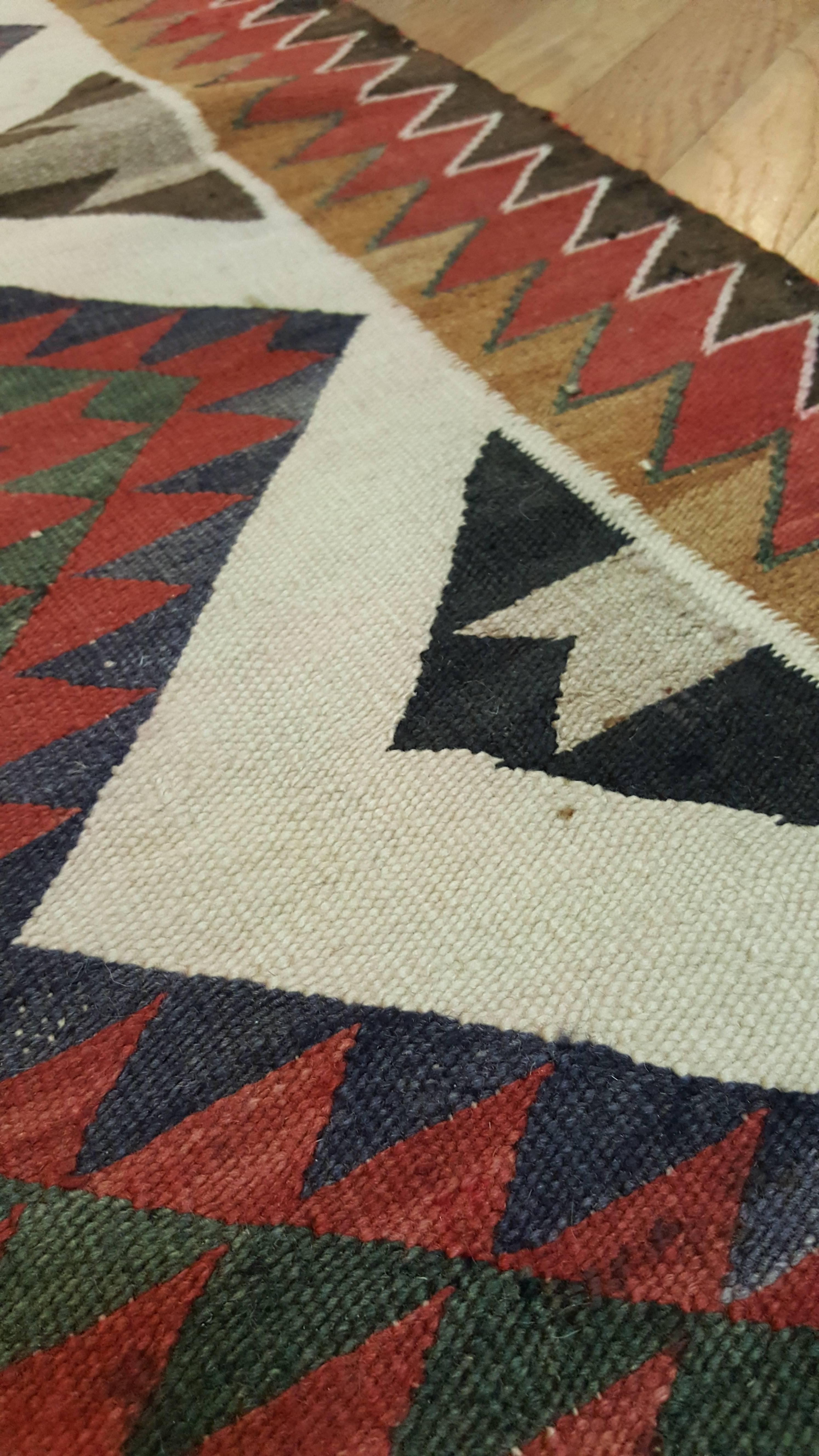 Antique Navajo Carpet, Folk Rug, Handmade Wool, Beige, Yellow, Green, Rust In Good Condition In Port Washington, NY