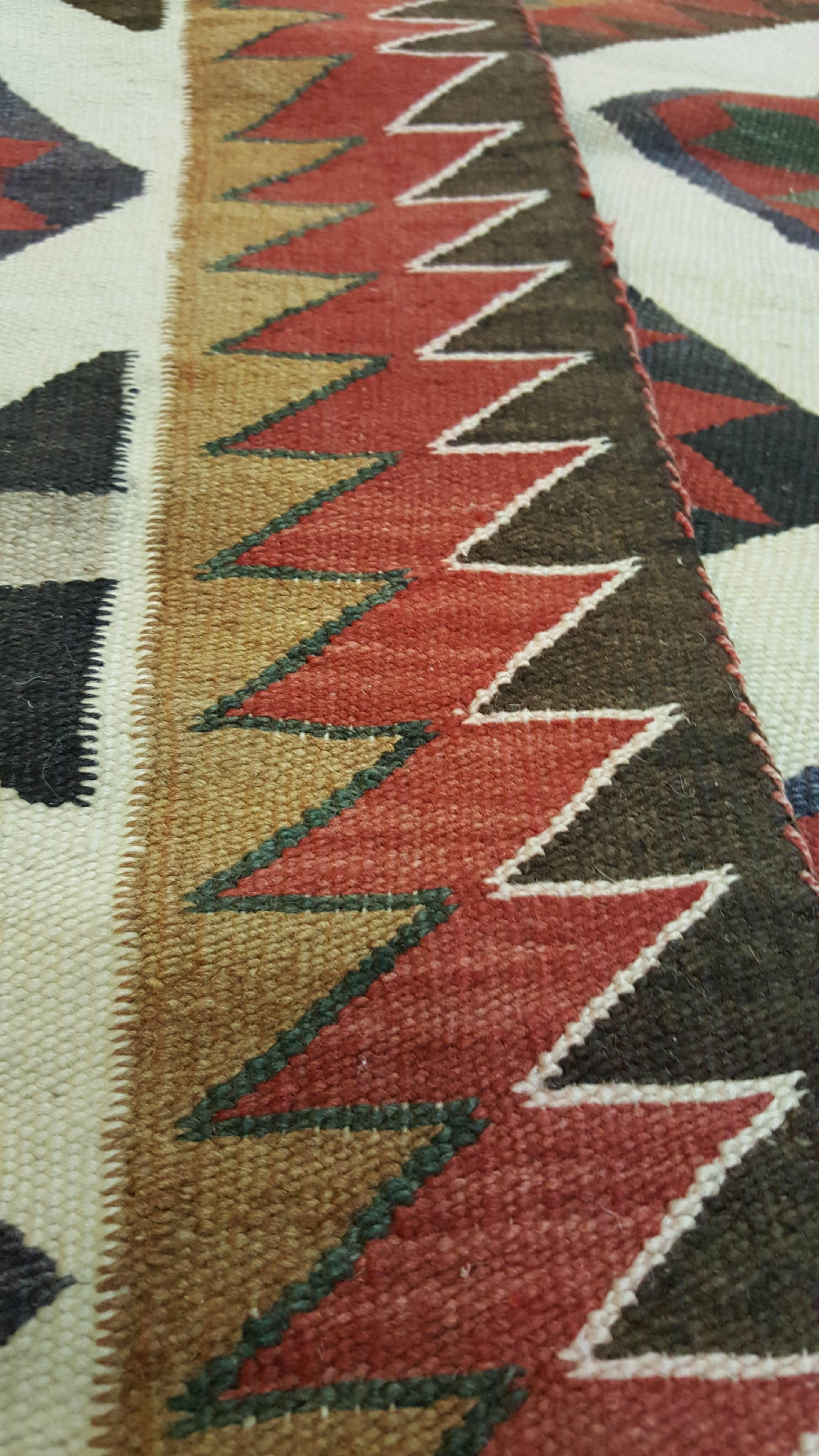 Hand-Knotted Antique Navajo Carpet, Folk Rug, Handmade Wool, Beige, Yellow, Green, Rust