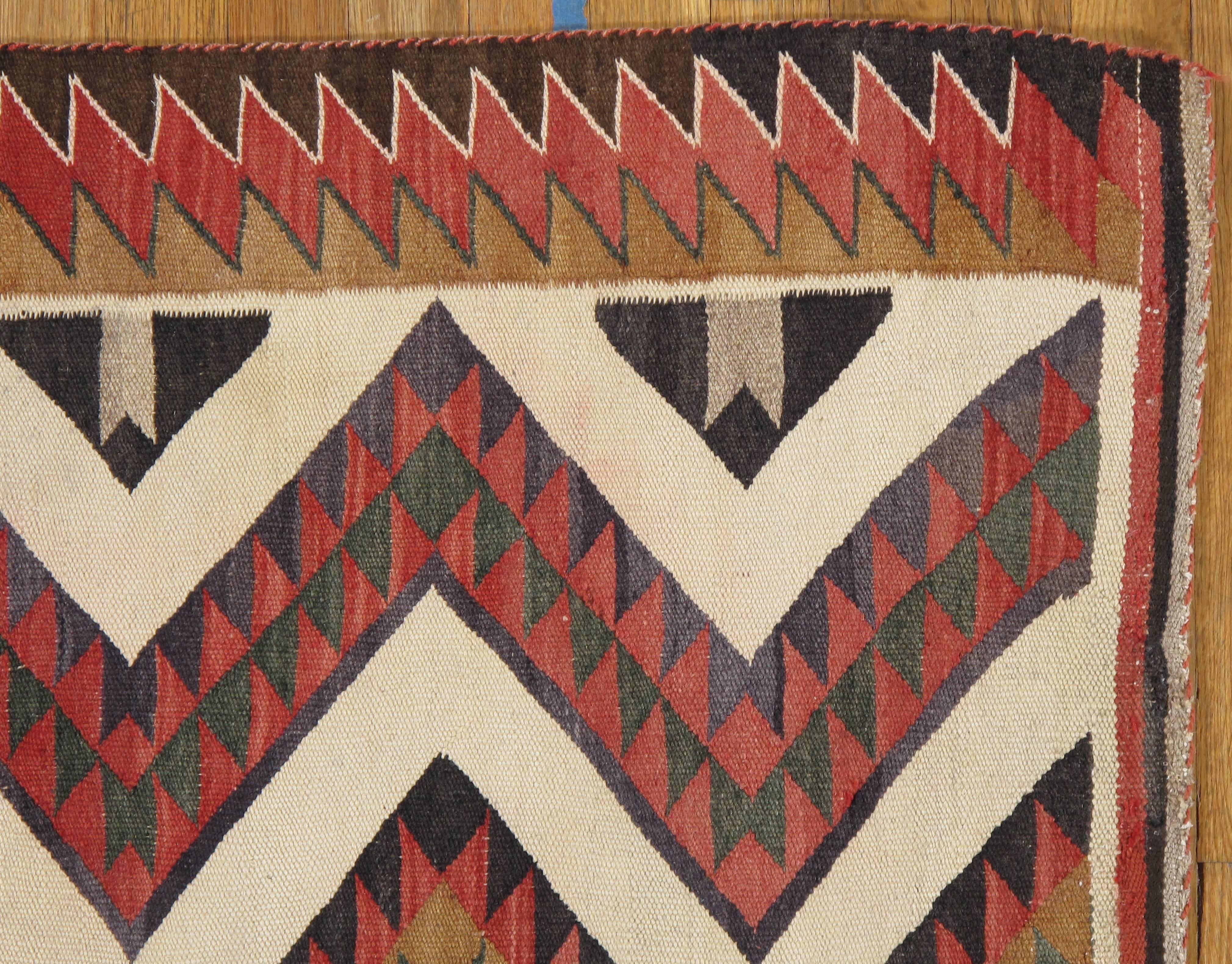 American Antique Navajo Carpet, Folk Rug, Handmade Wool, Beige, Yellow, Green, Rust