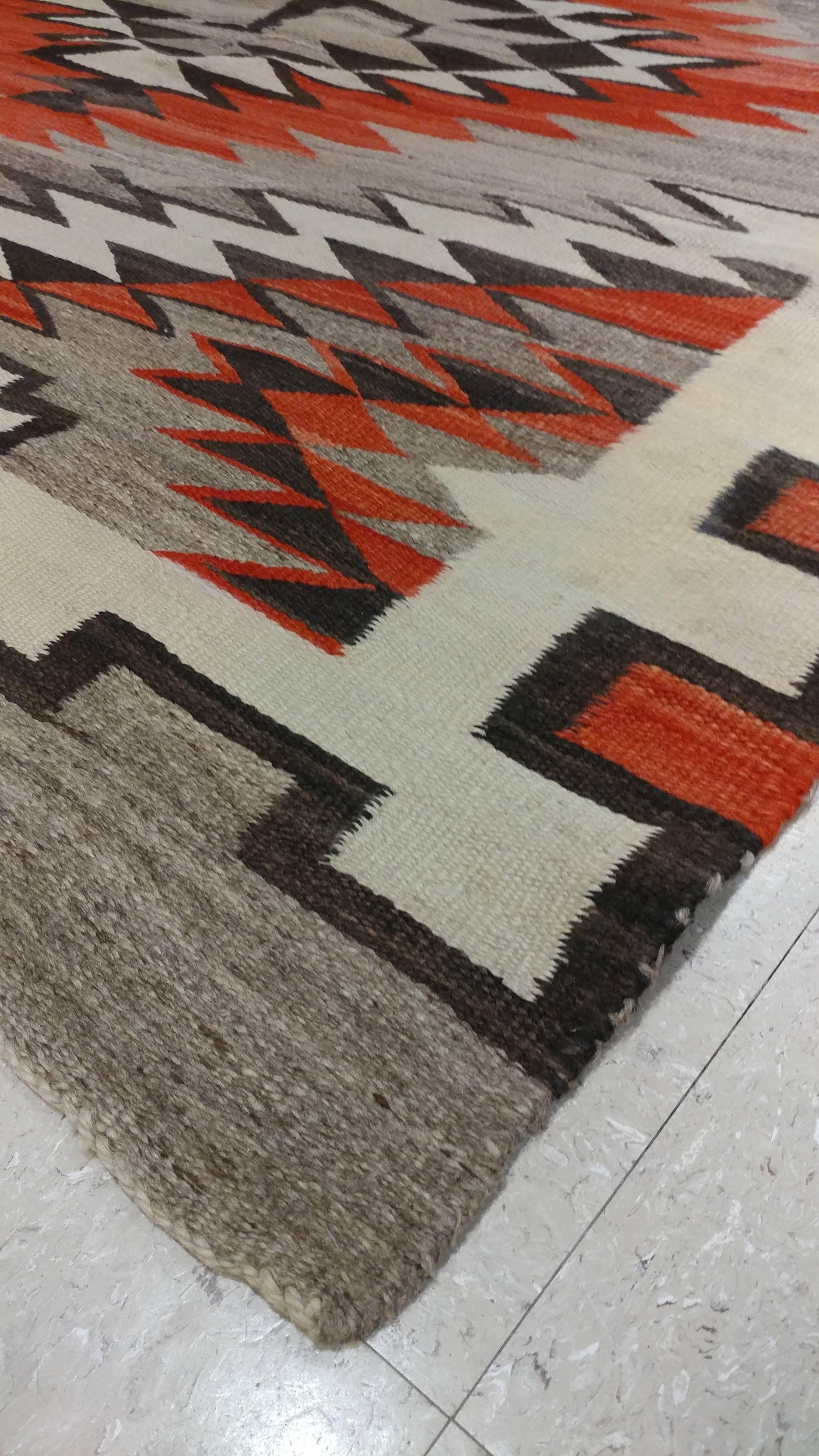 Antique Navajo Carpet, Folk Rug, Handmade Wool, Beige, Gray, Orange For Sale 3