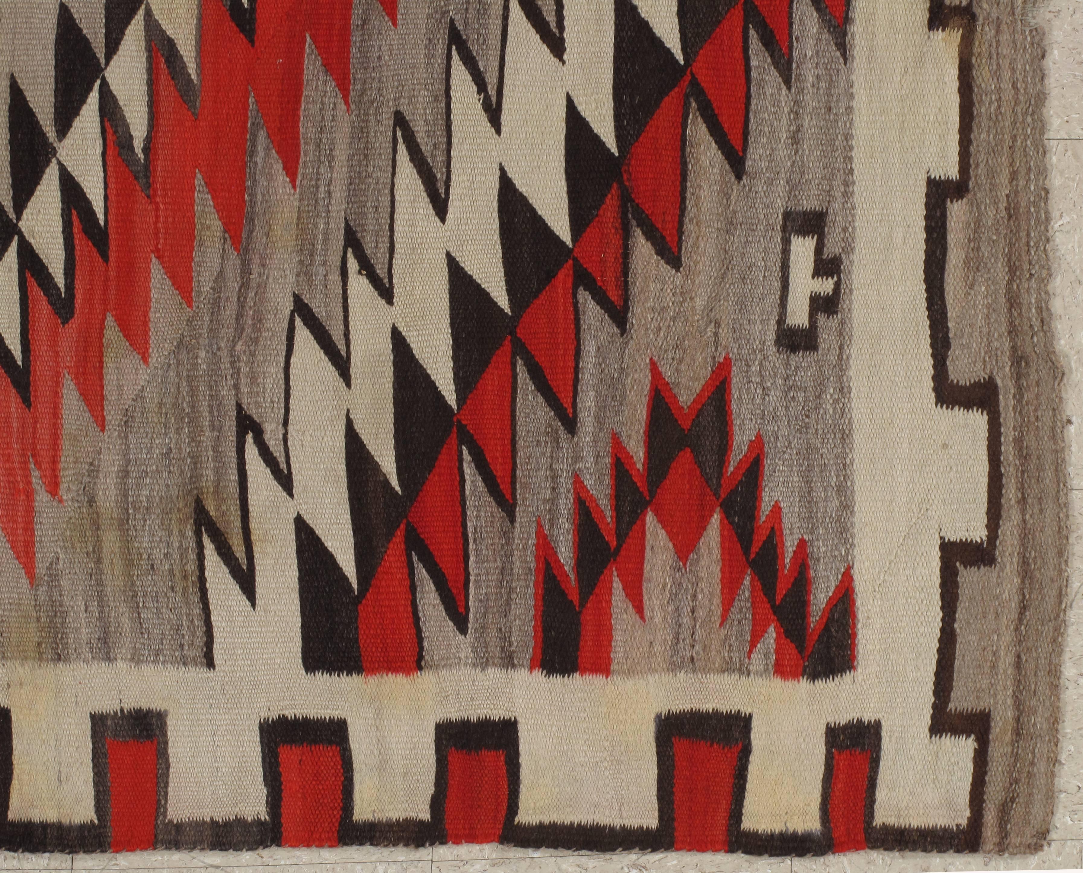 American Antique Navajo Carpet, Folk Rug, Handmade Wool, Beige, Gray, Orange For Sale