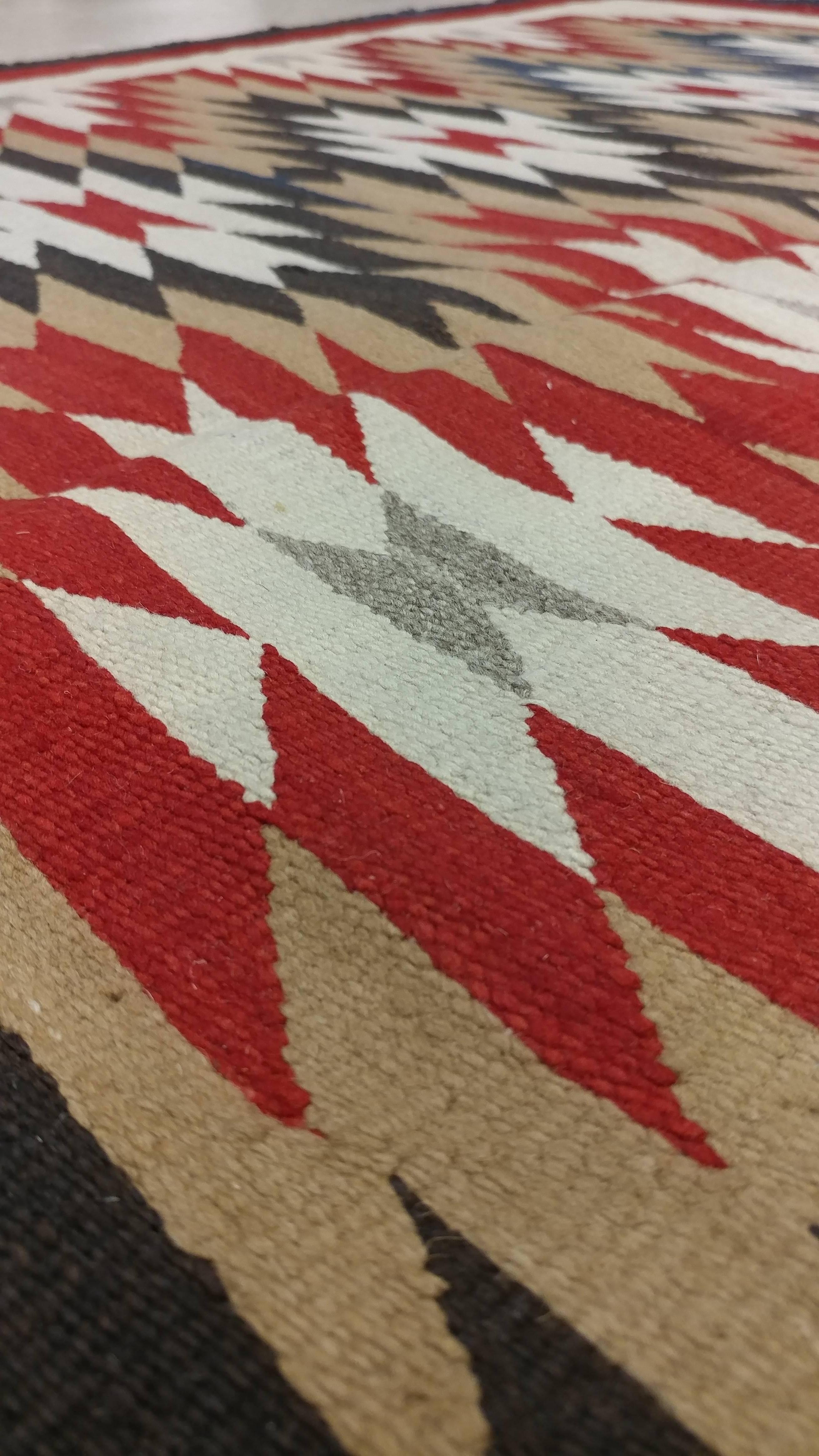 Vintage Navajo Carpet, Folk Rug, Handmade Wool, Beige, Red, Tan For Sale 1