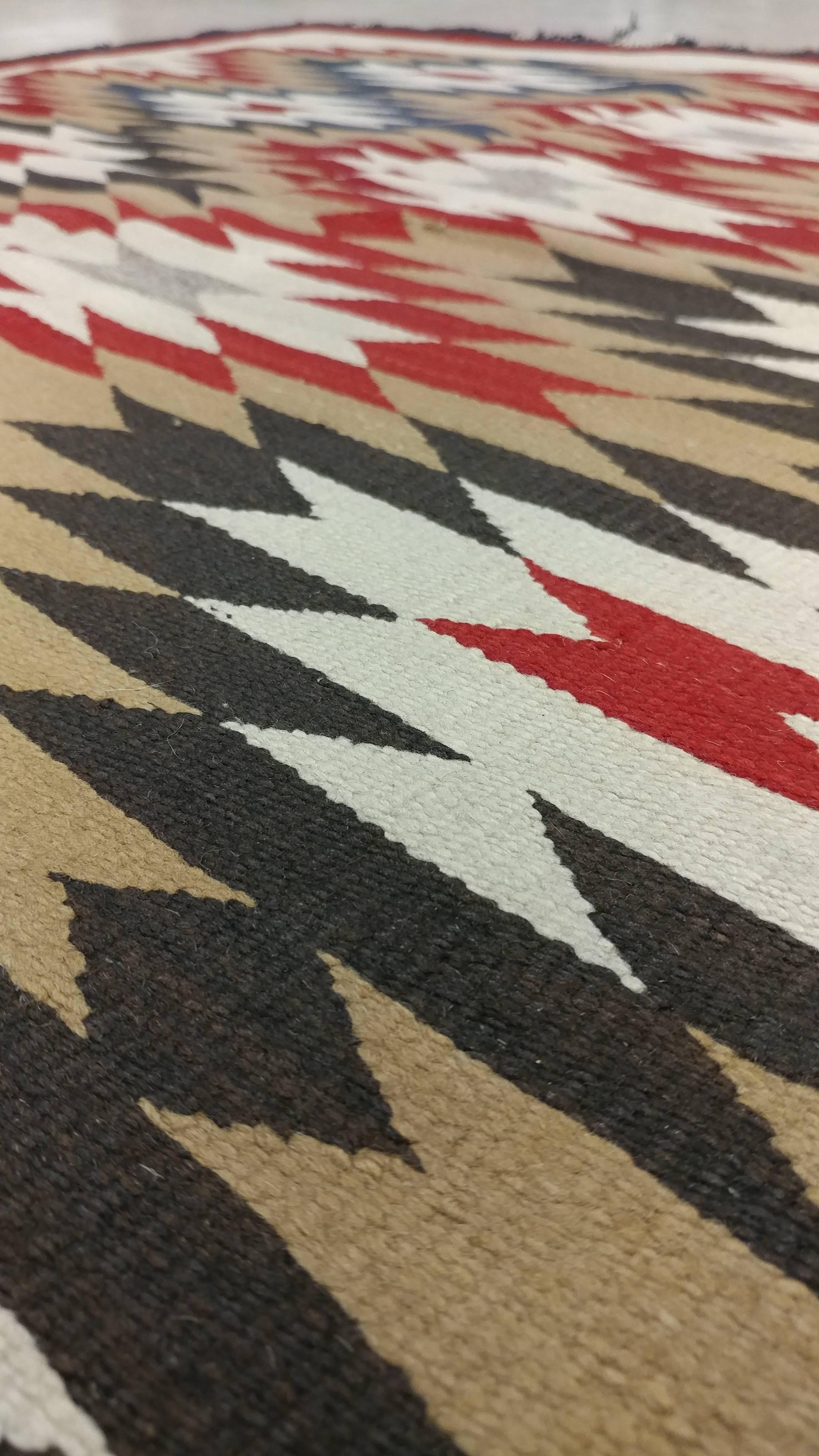 20th Century Vintage Navajo Carpet, Folk Rug, Handmade Wool, Beige, Red, Tan For Sale