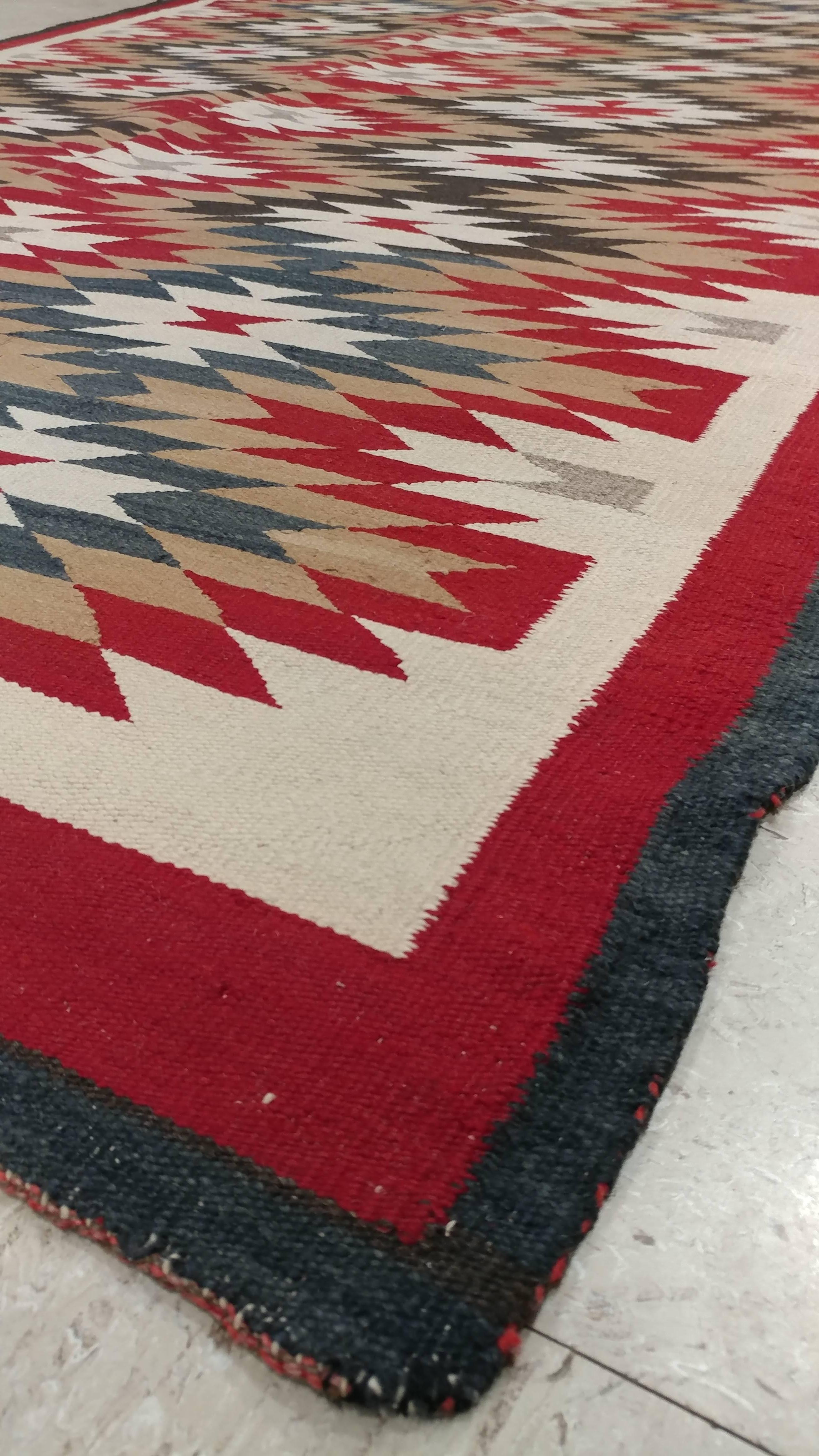 Vintage Navajo Carpet, Folk Rug, Handmade Wool, Beige, Red, Tan In Good Condition For Sale In Port Washington, NY
