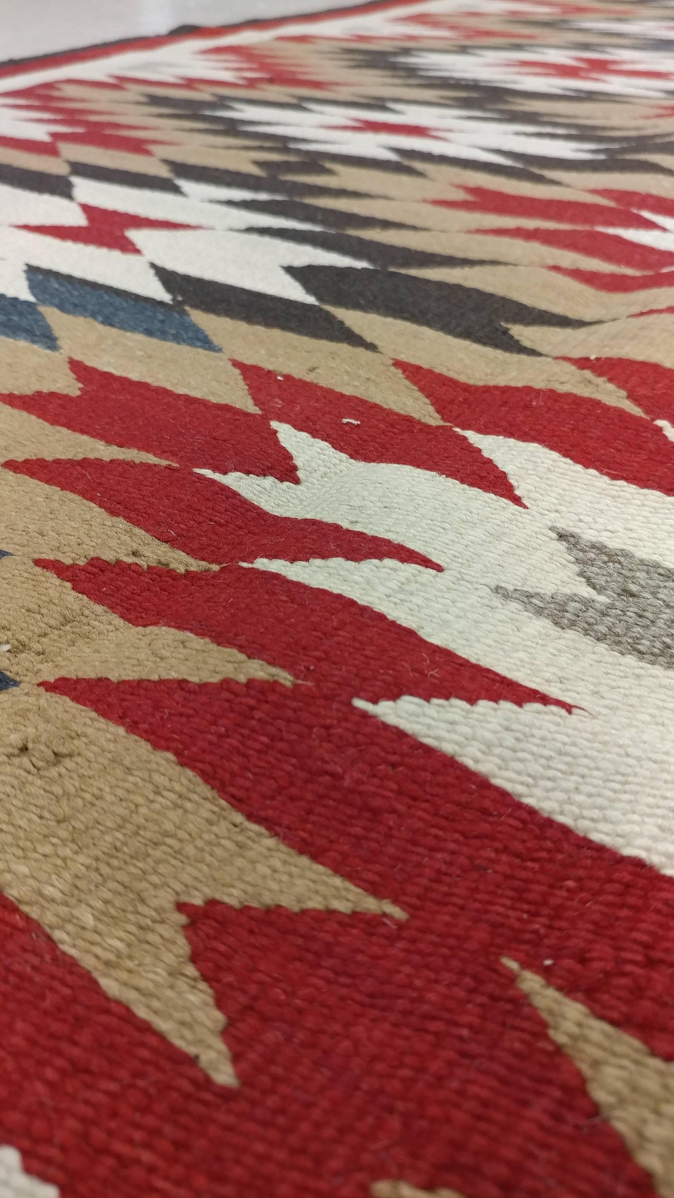 Vintage Navajo Carpet, Folk Rug, Handmade Wool, Beige, Red, Tan For Sale 2