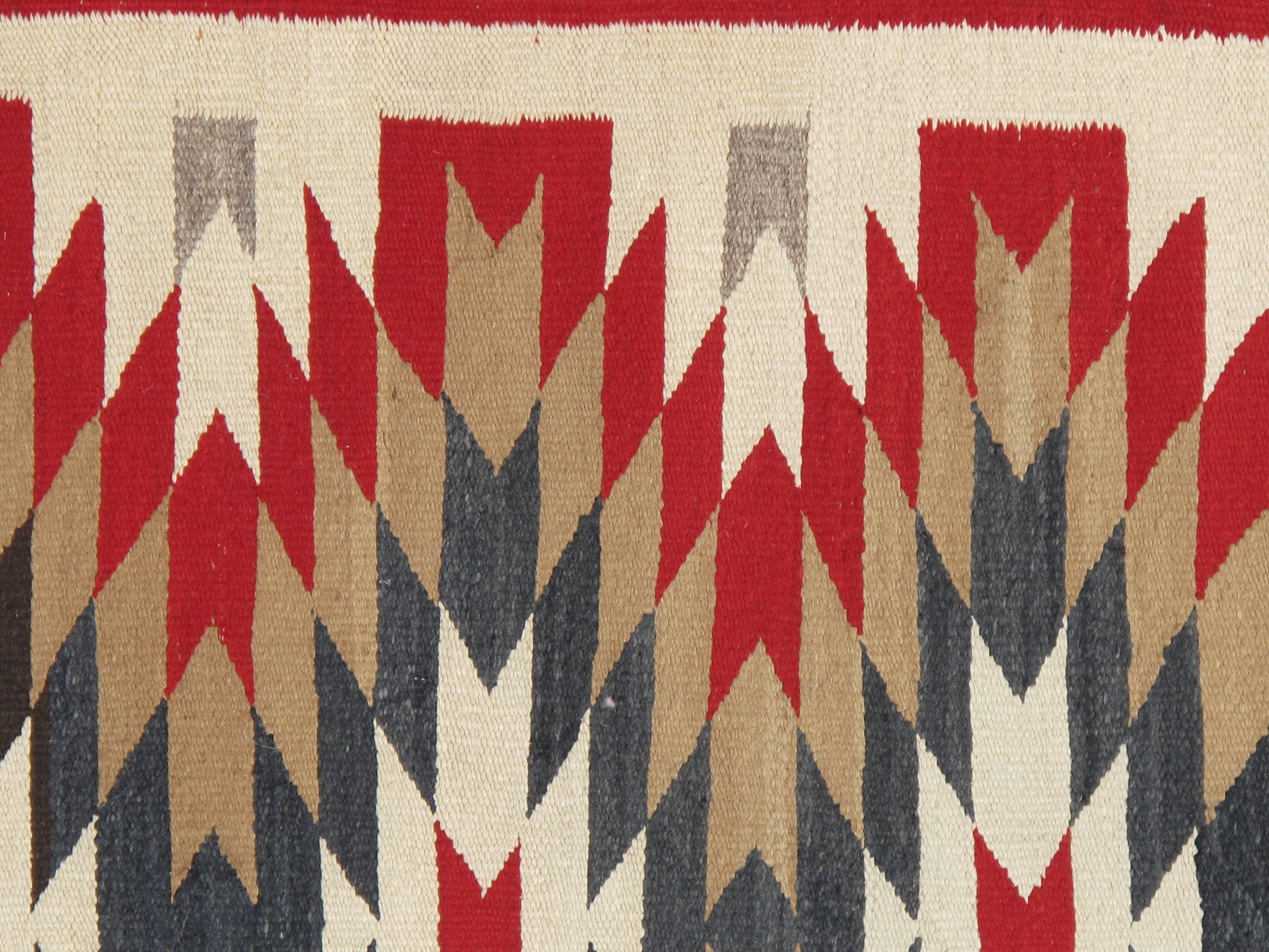 American Vintage Navajo Carpet, Folk Rug, Handmade Wool, Beige, Red, Tan For Sale