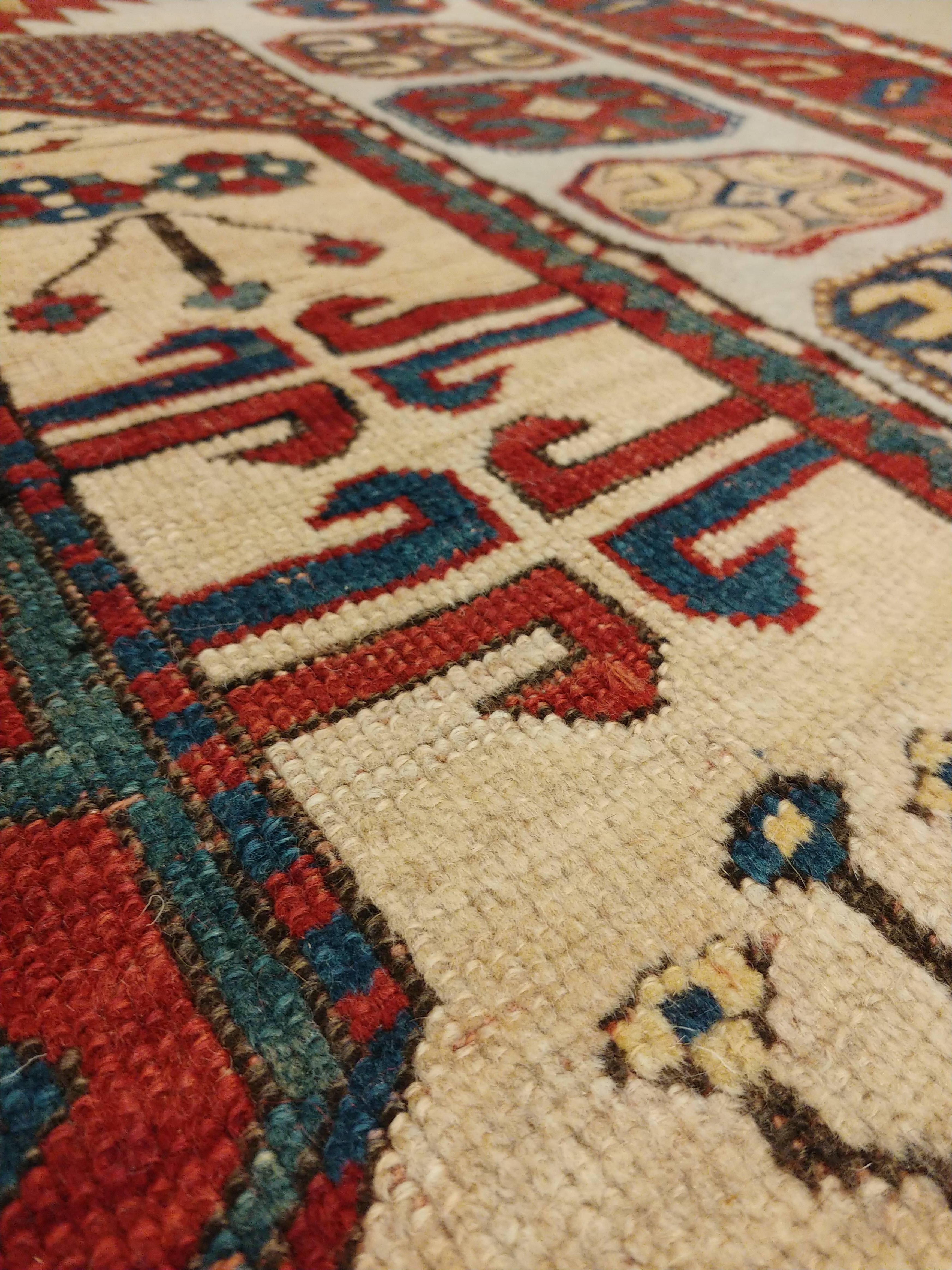 Russian Antique Karachov Kazak Carpet, Handmade Wool, Pale Blue, Rust, Ivory, Geometric For Sale