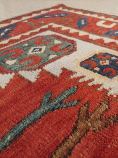 Antique Karachov Kazak Carpet, Handmade Wool, Pale Blue, Rust, Ivory, Geometric